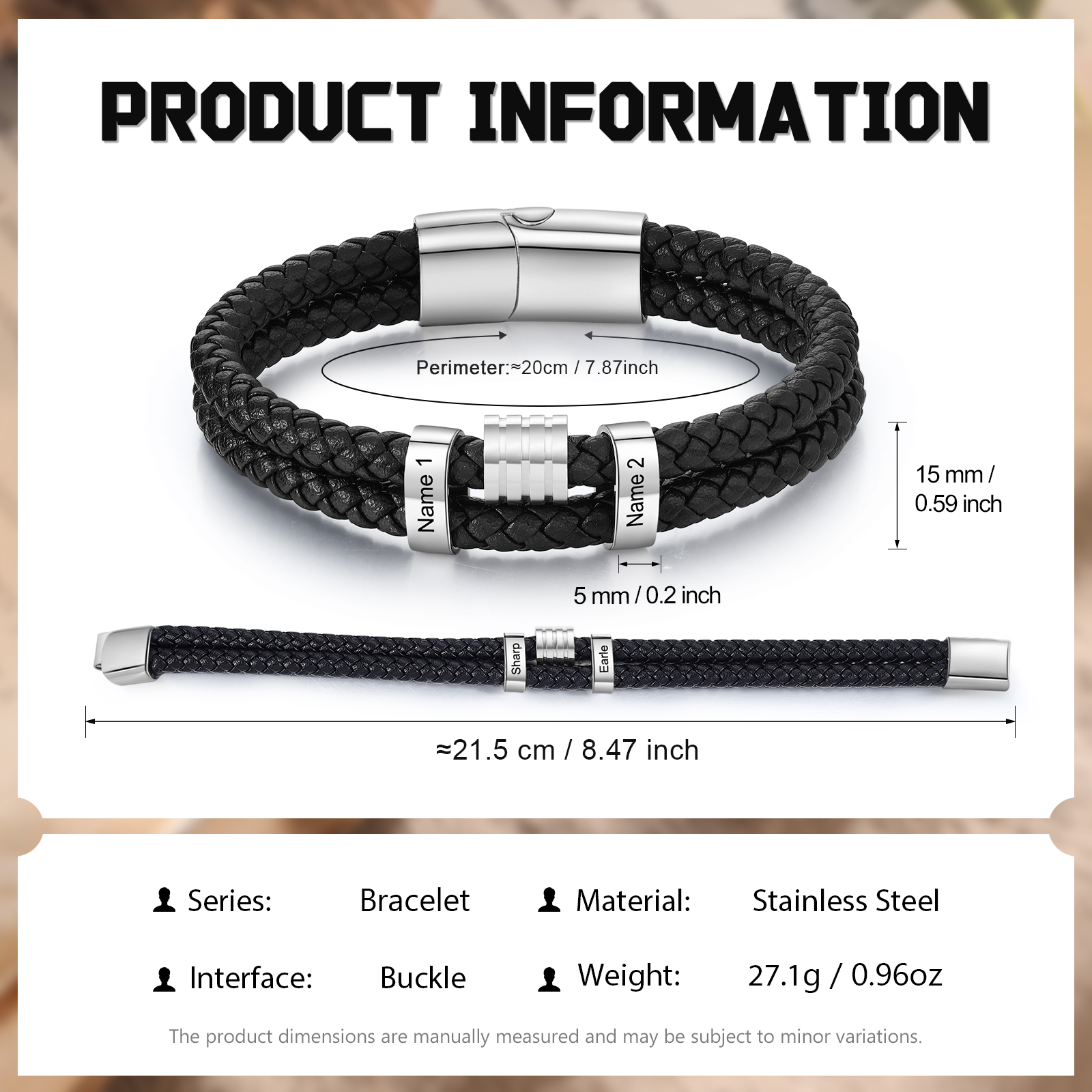 2 Names Personalised Braided Leather Bracelet for Men – Custom Engraved Name Beads & Stainless Steel Clasp | Jessemade