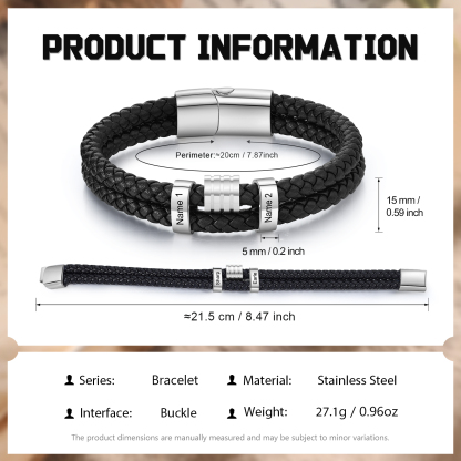 2 Names Personalised Braided Leather Bracelet for Men – Custom Engraved Name Beads & Stainless Steel Clasp | Jessemade