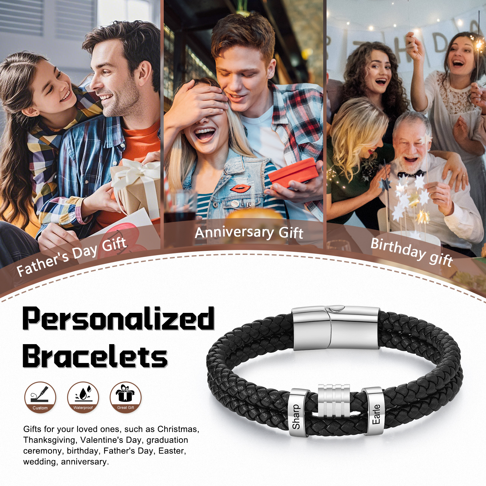 2 Names Personalised Braided Leather Bracelet for Men – Custom Engraved Name Beads & Stainless Steel Clasp | Jessemade