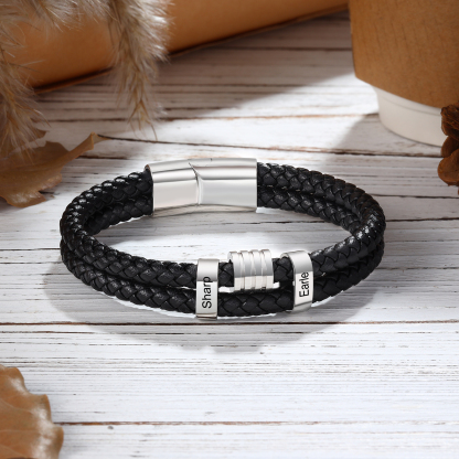 2 Names Personalised Braided Leather Bracelet for Men – Custom Engraved Name Beads & Stainless Steel Clasp | Jessemade