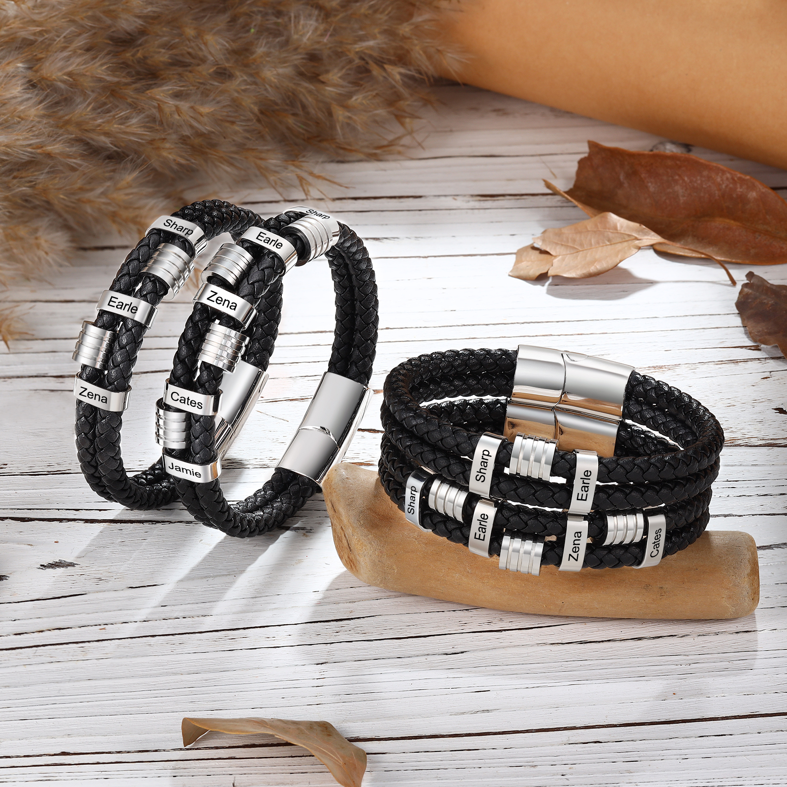 3 Names Personalised Braided Leather Bracelet for Men – Custom Engraved Name Beads & Stainless Steel Clasp | Jessemade