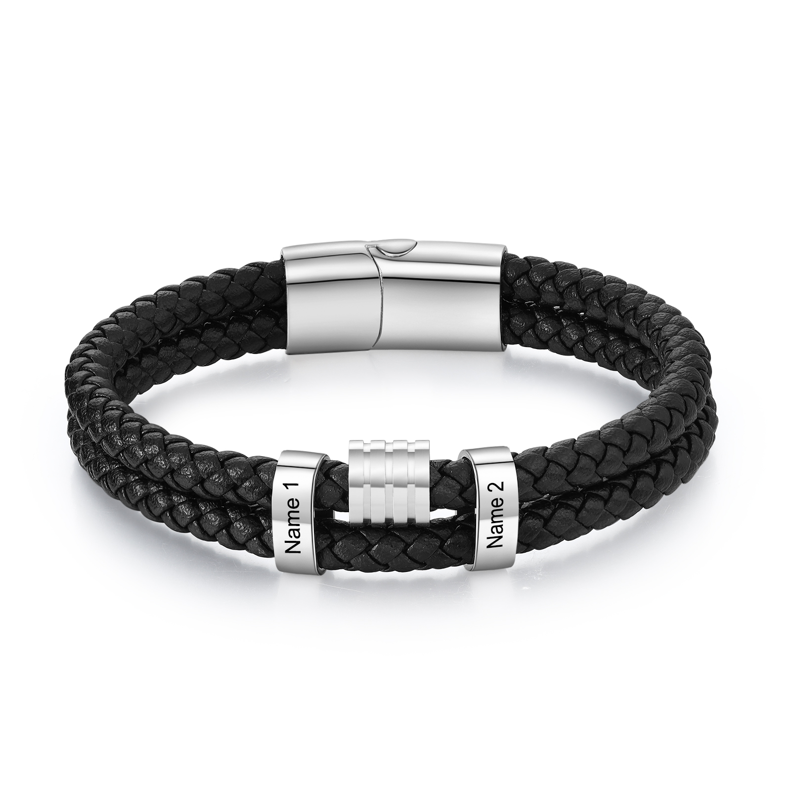 2 Names Personalised Braided Leather Bracelet for Men – Custom Engraved Name Beads & Stainless Steel Clasp | Jessemade