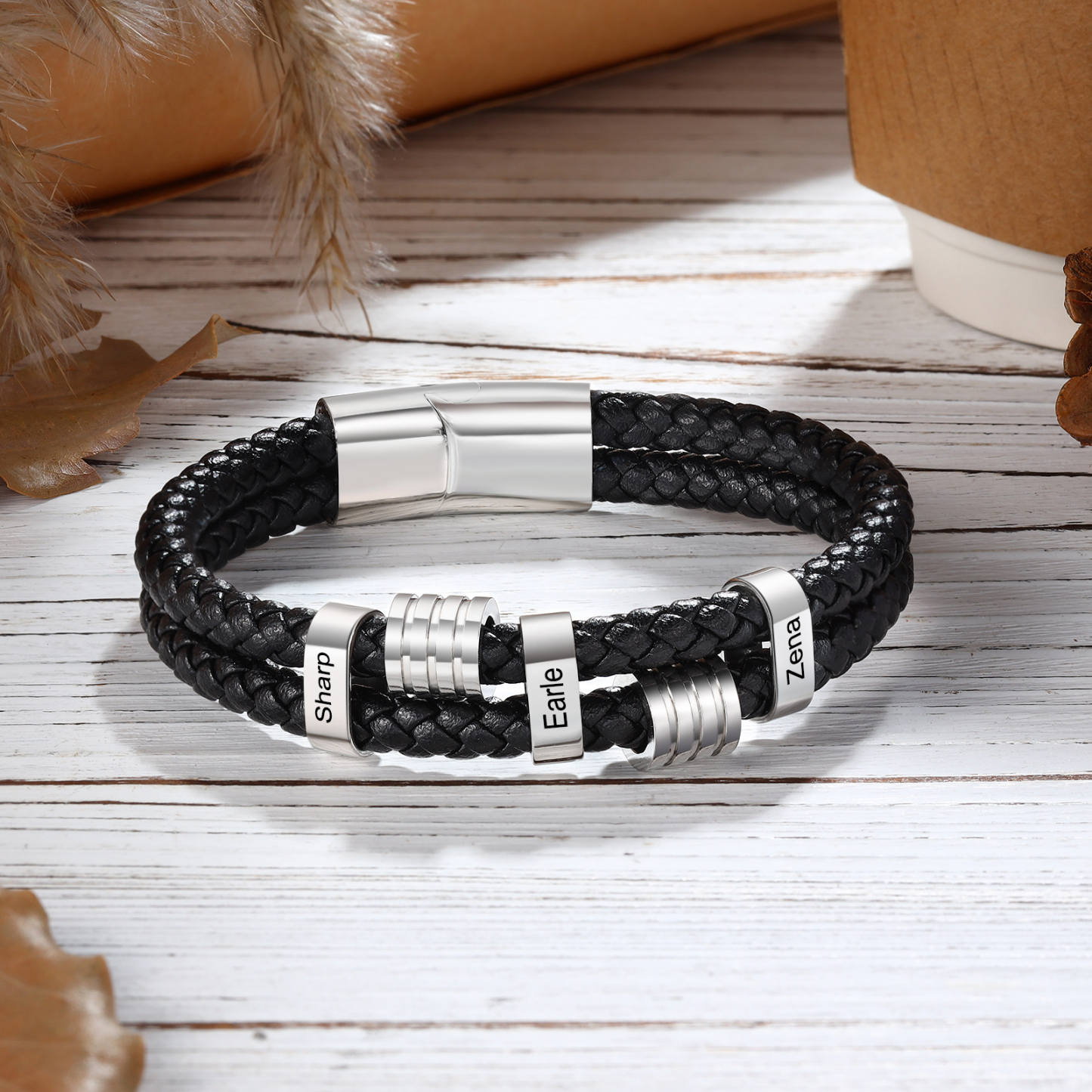 3 Names Personalised Braided Leather Bracelet for Men – Custom Engraved Name Beads & Stainless Steel Clasp | Jessemade