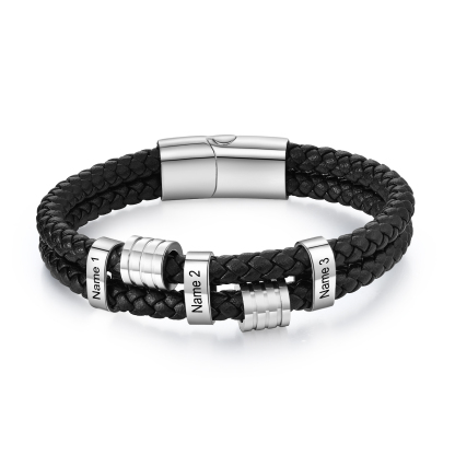 3 Names Personalised Braided Leather Bracelet for Men – Custom Engraved Name Beads & Stainless Steel Clasp | Jessemade