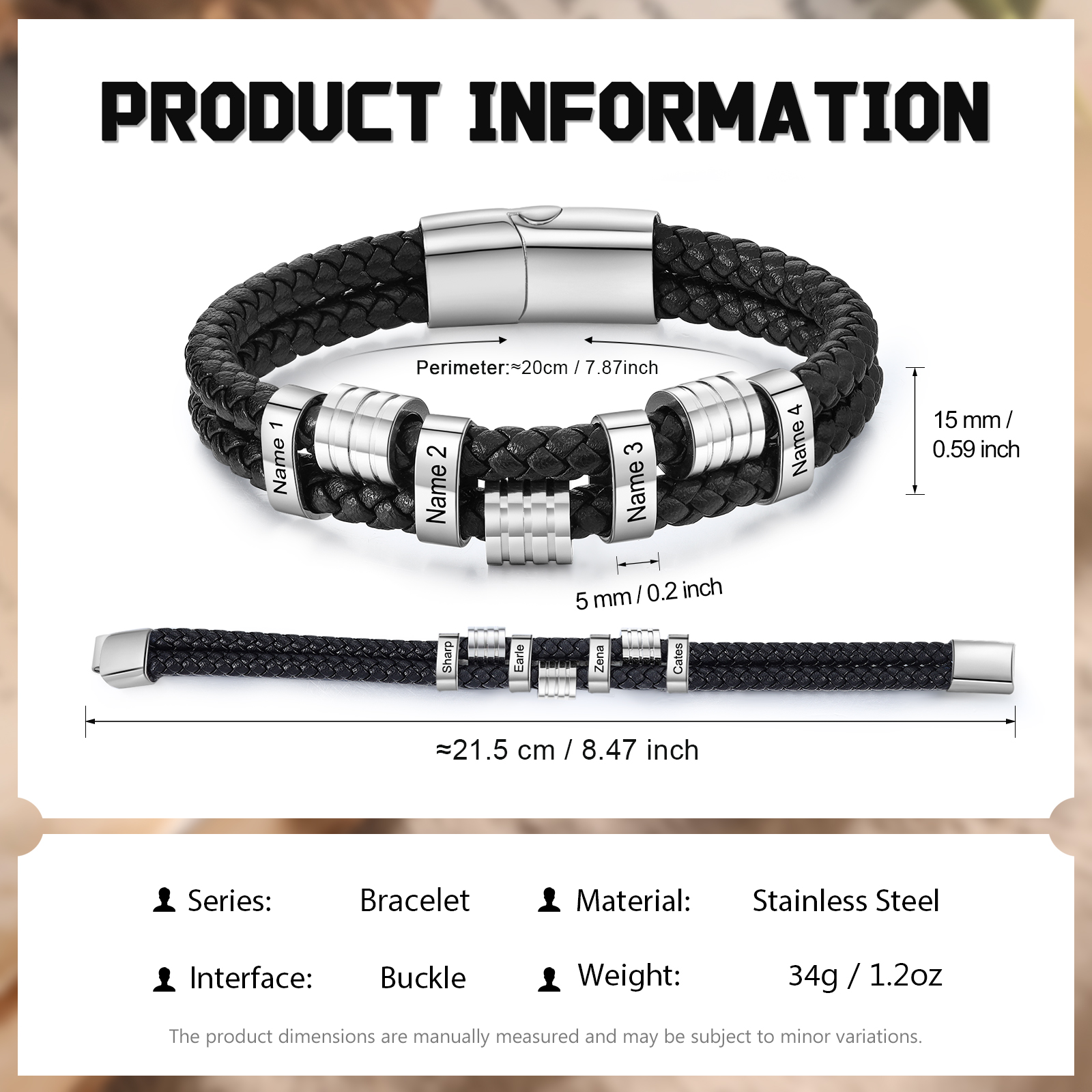 4 Names Personalised Braided Leather Bracelet for Men – Custom Engraved Name Beads & Stainless Steel Clasp | Jessemade