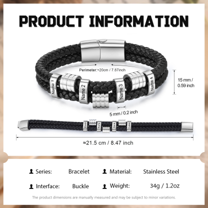4 Names Personalised Braided Leather Bracelet for Men – Custom Engraved Name Beads & Stainless Steel Clasp | Jessemade