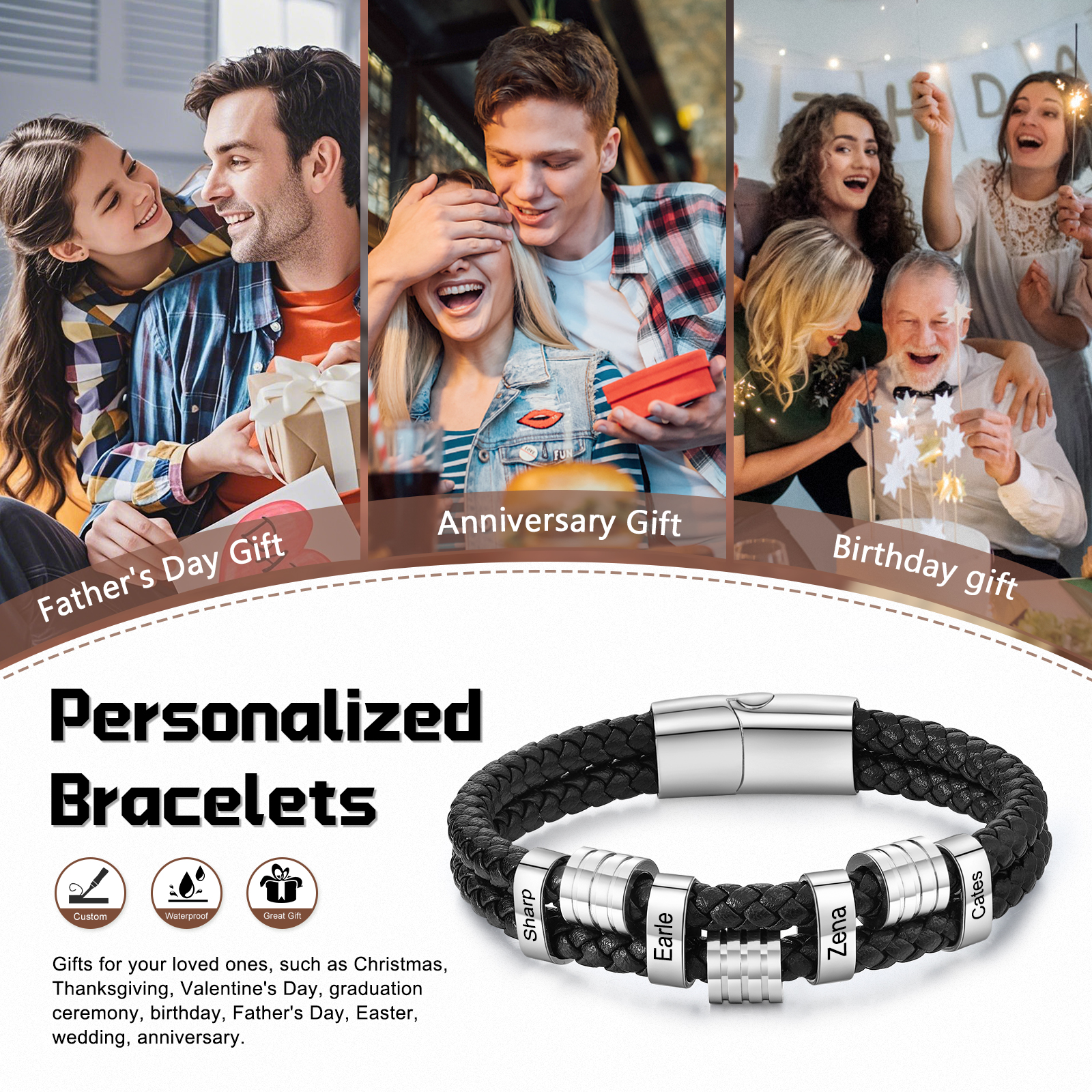4 Names Personalised Braided Leather Bracelet for Men – Custom Engraved Name Beads & Stainless Steel Clasp | Jessemade