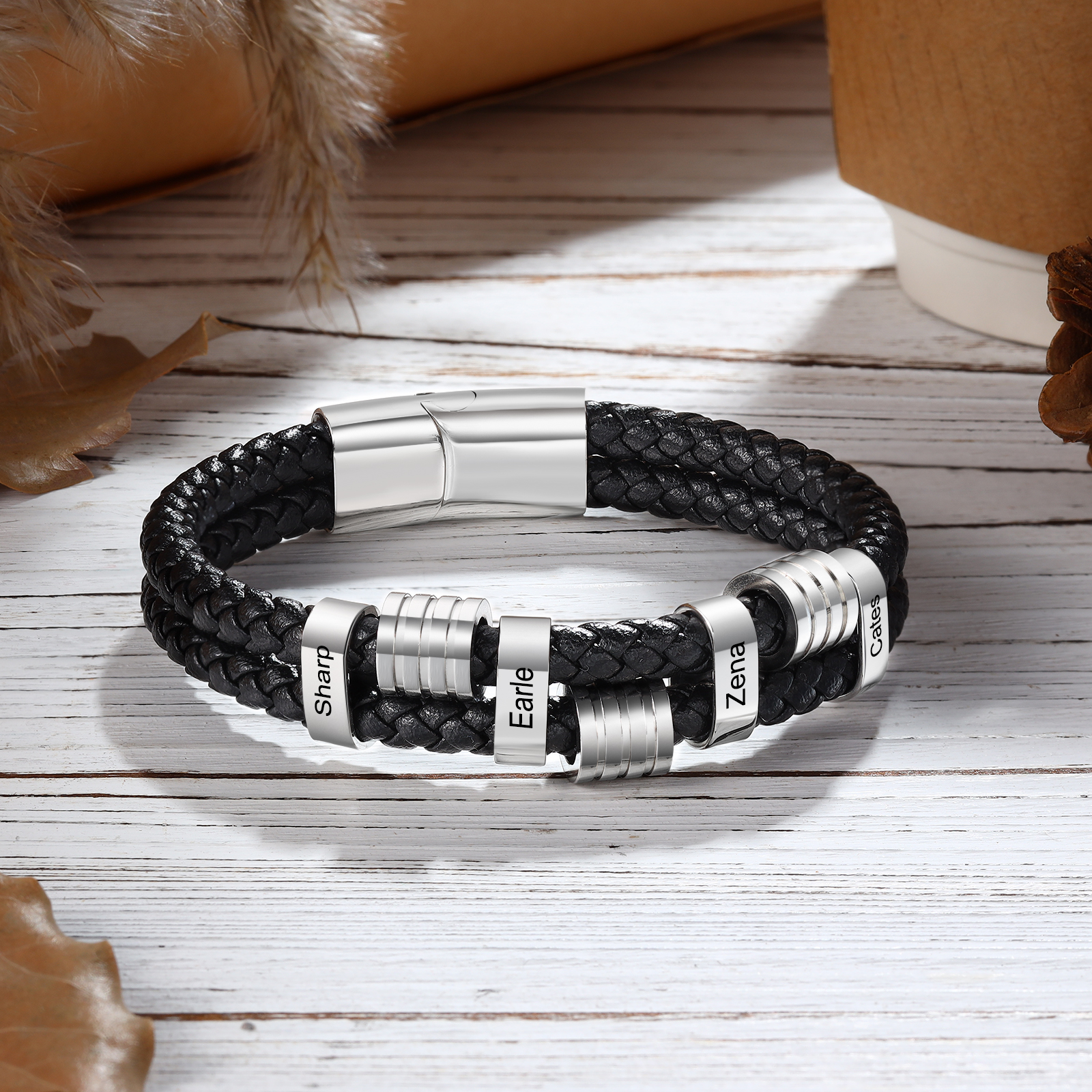 4 Names Personalised Braided Leather Bracelet for Men – Custom Engraved Name Beads & Stainless Steel Clasp | Jessemade