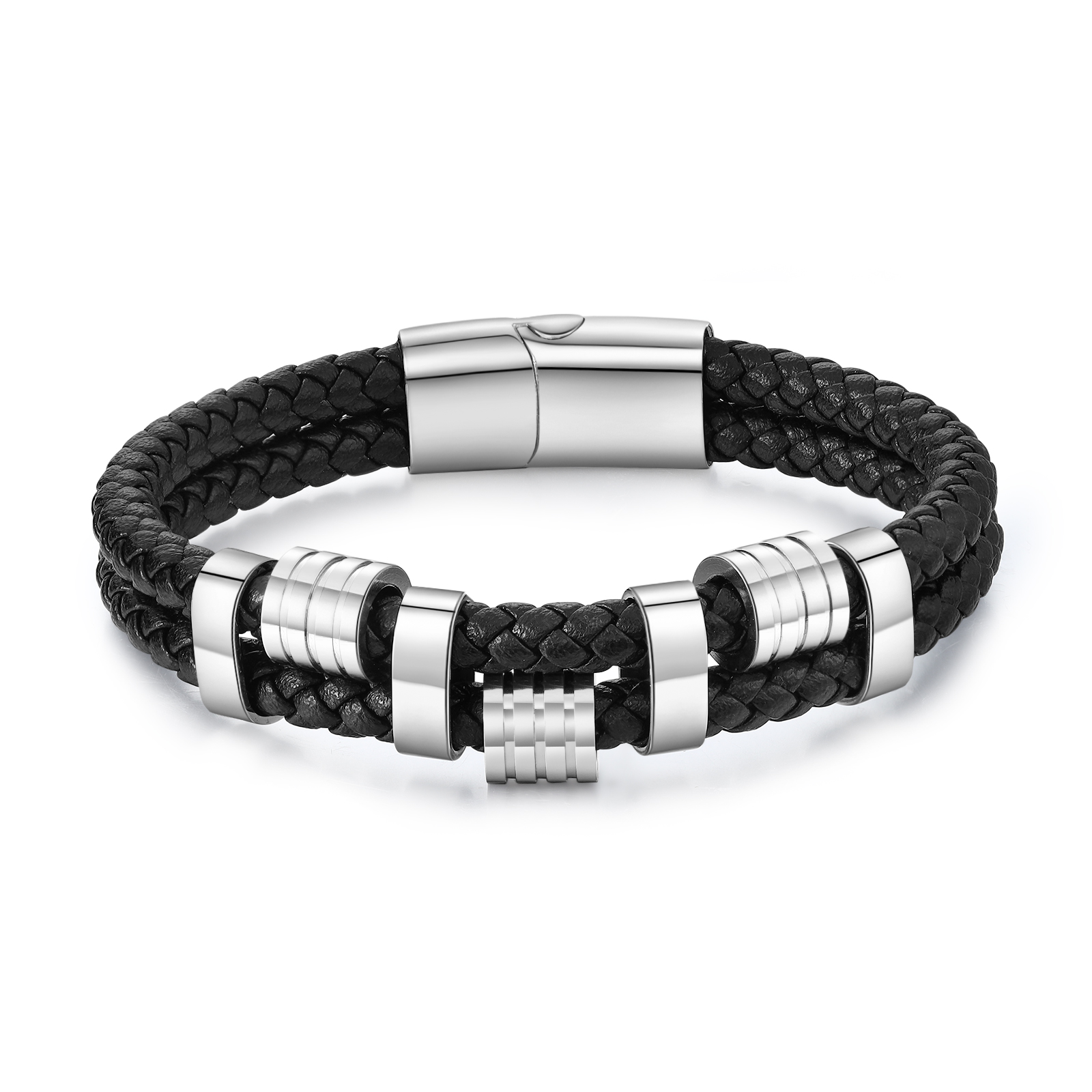 4 Names Personalised Braided Leather Bracelet for Men – Custom Engraved Name Beads & Stainless Steel Clasp | Jessemade