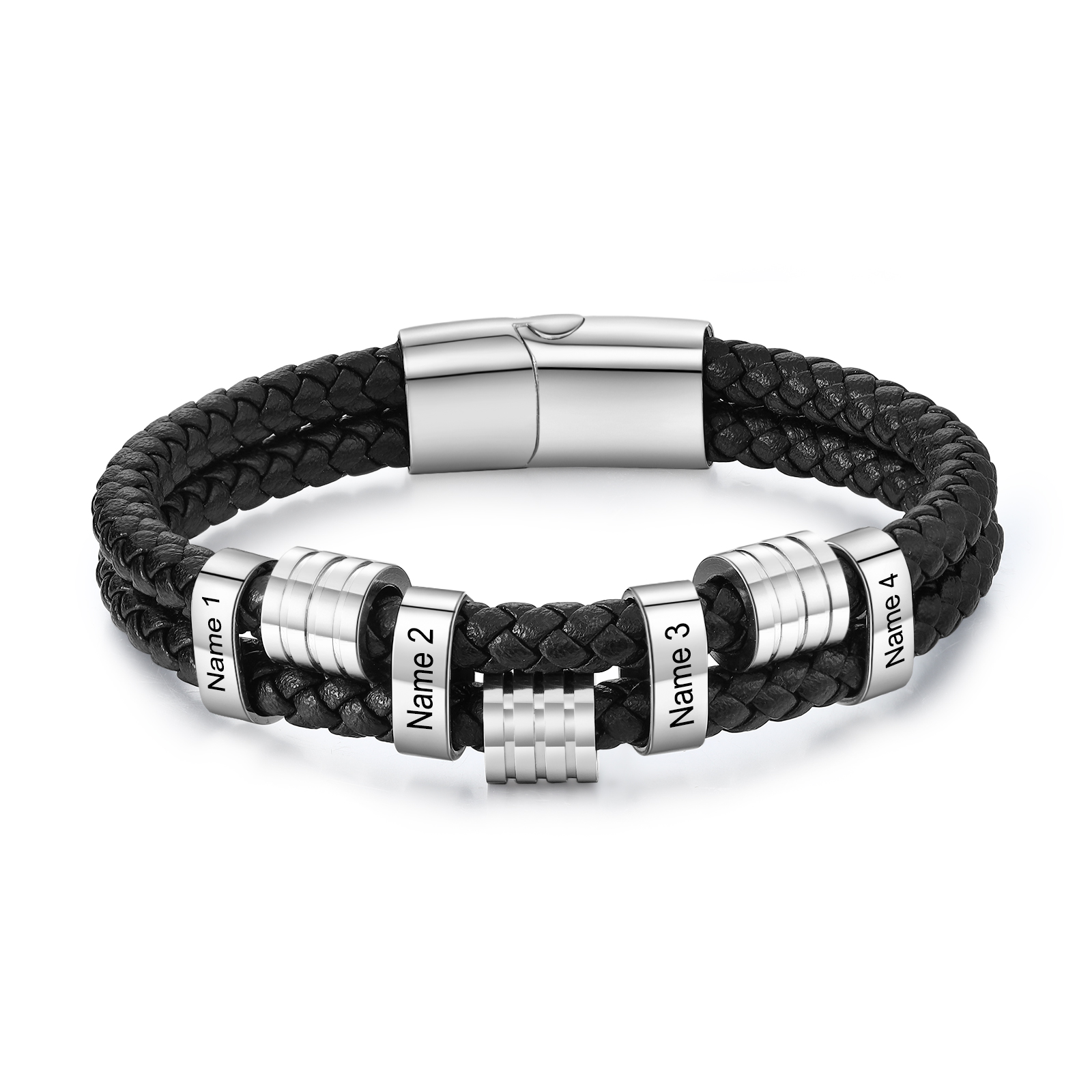 4 Names Personalised Braided Leather Bracelet for Men – Custom Engraved Name Beads & Stainless Steel Clasp | Jessemade