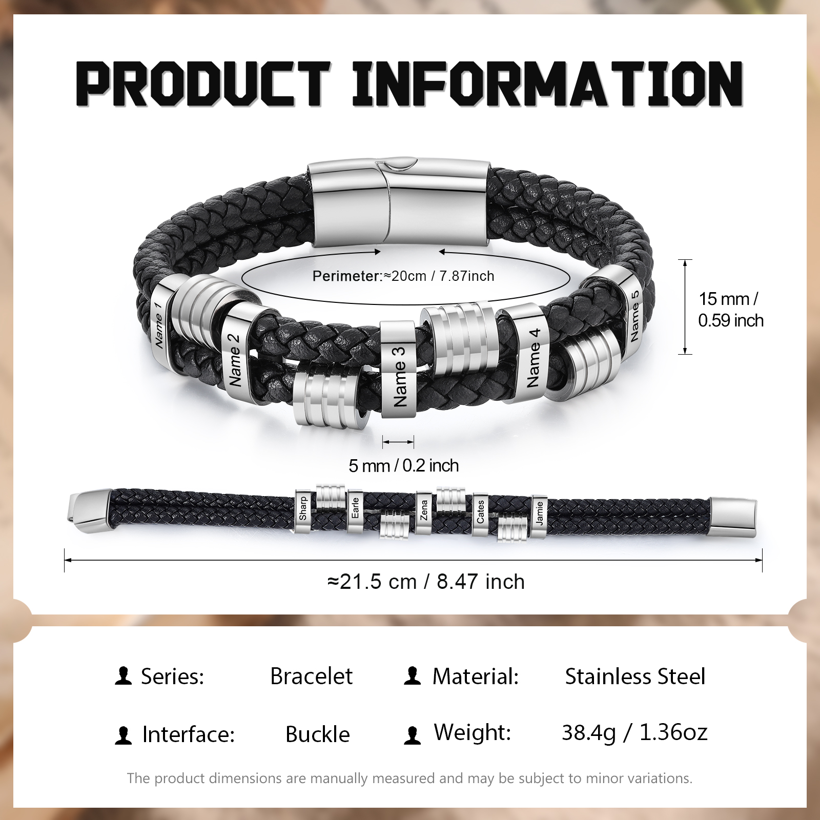 5 Names Personalised Braided Leather Bracelet for Men – Custom Engraved Name Beads & Stainless Steel Clasp | Jessemade