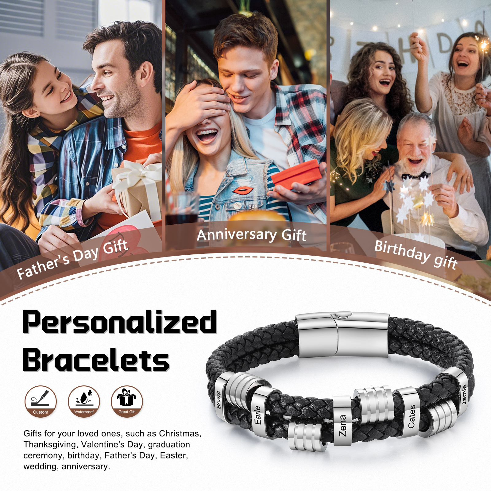5 Names Personalised Braided Leather Bracelet for Men – Custom Engraved Name Beads & Stainless Steel Clasp | Jessemade