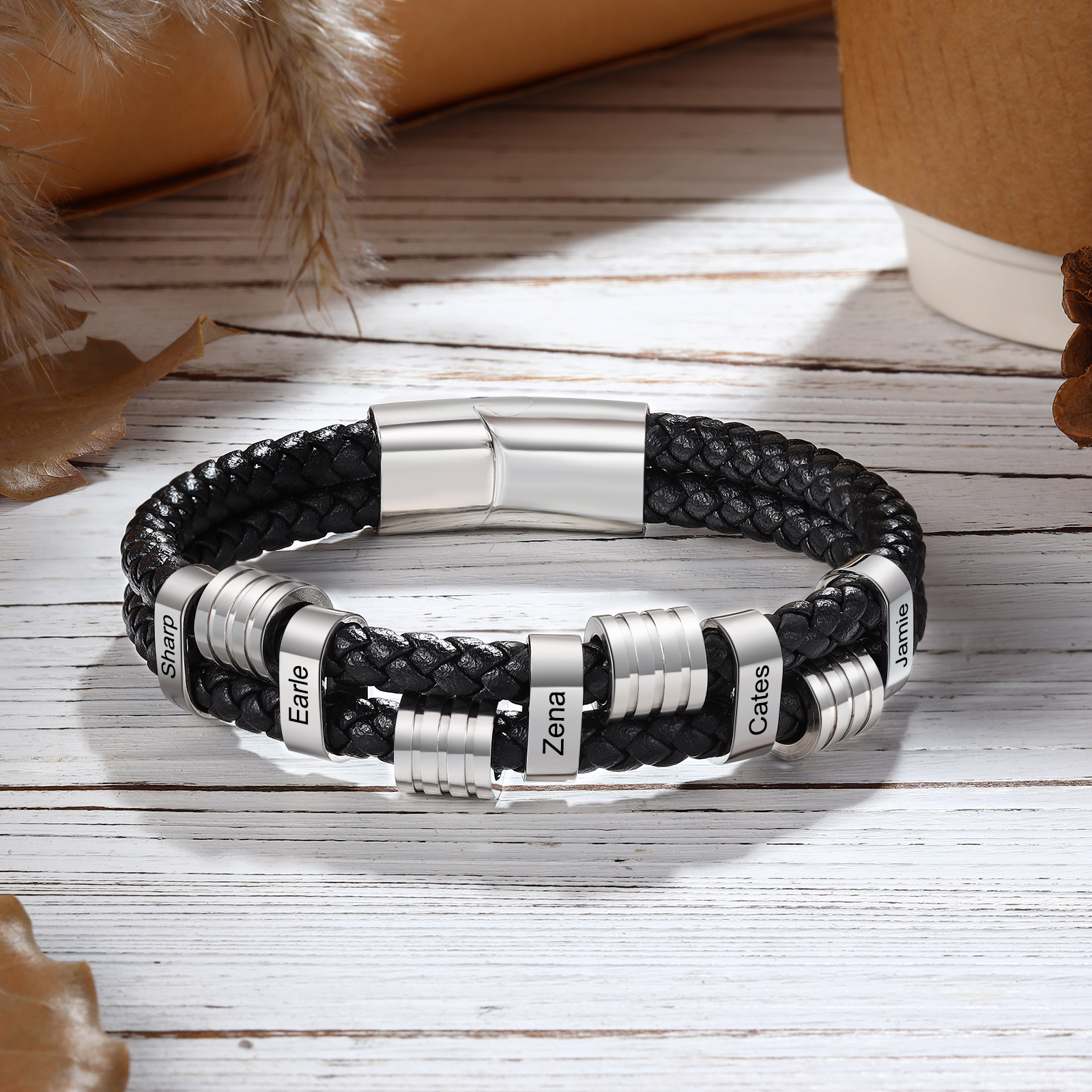 5 Names Personalised Braided Leather Bracelet for Men – Custom Engraved Name Beads & Stainless Steel Clasp | Jessemade