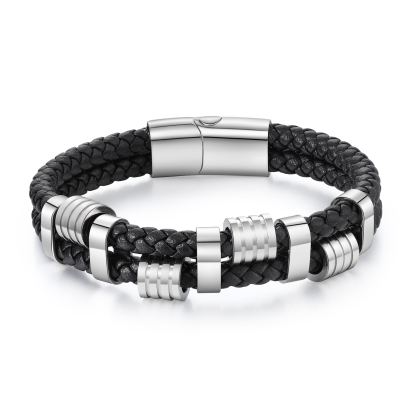 5 Names Personalised Braided Leather Bracelet for Men – Custom Engraved Name Beads & Stainless Steel Clasp | Jessemade