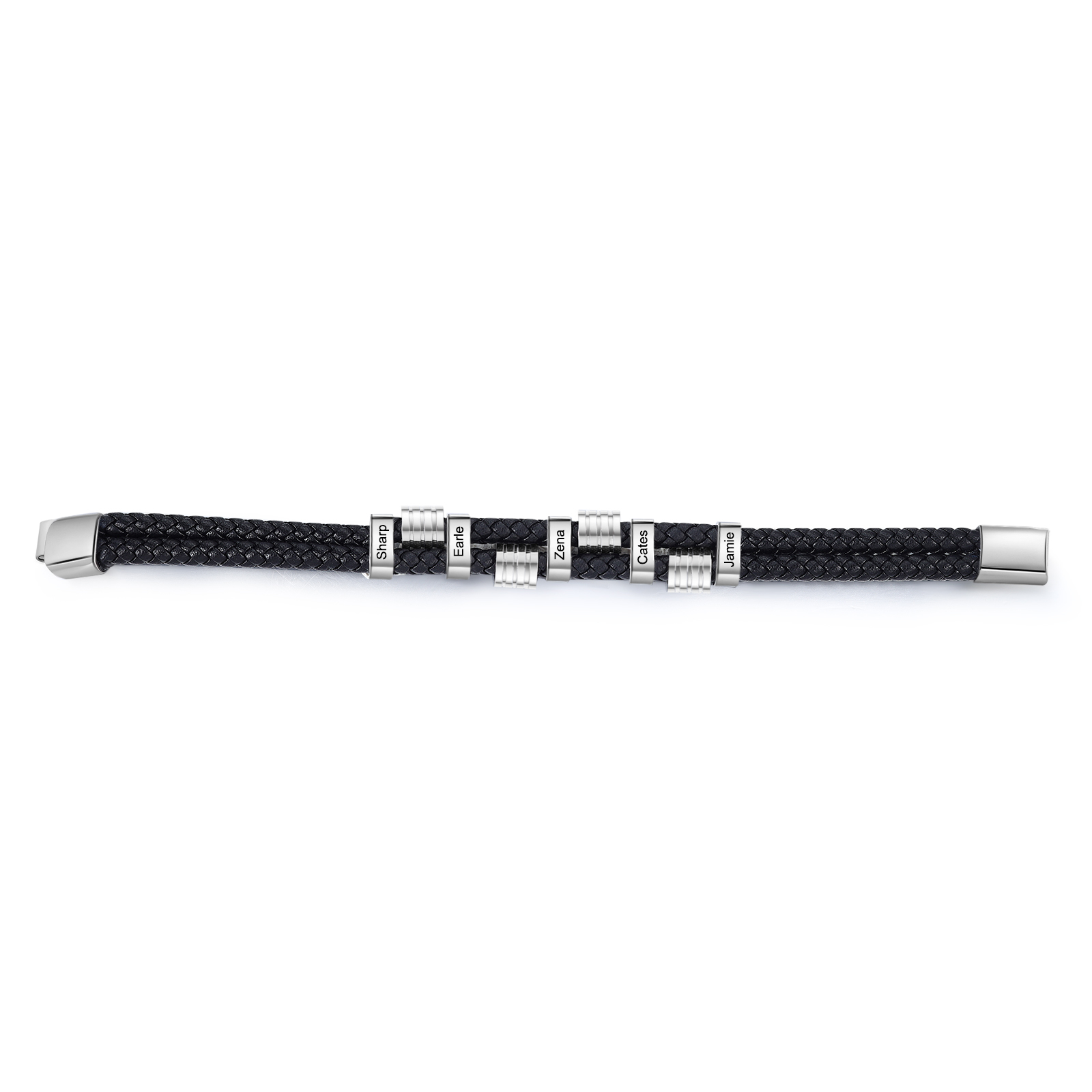 5 Names Personalised Braided Leather Bracelet for Men – Custom Engraved Name Beads & Stainless Steel Clasp | Jessemade