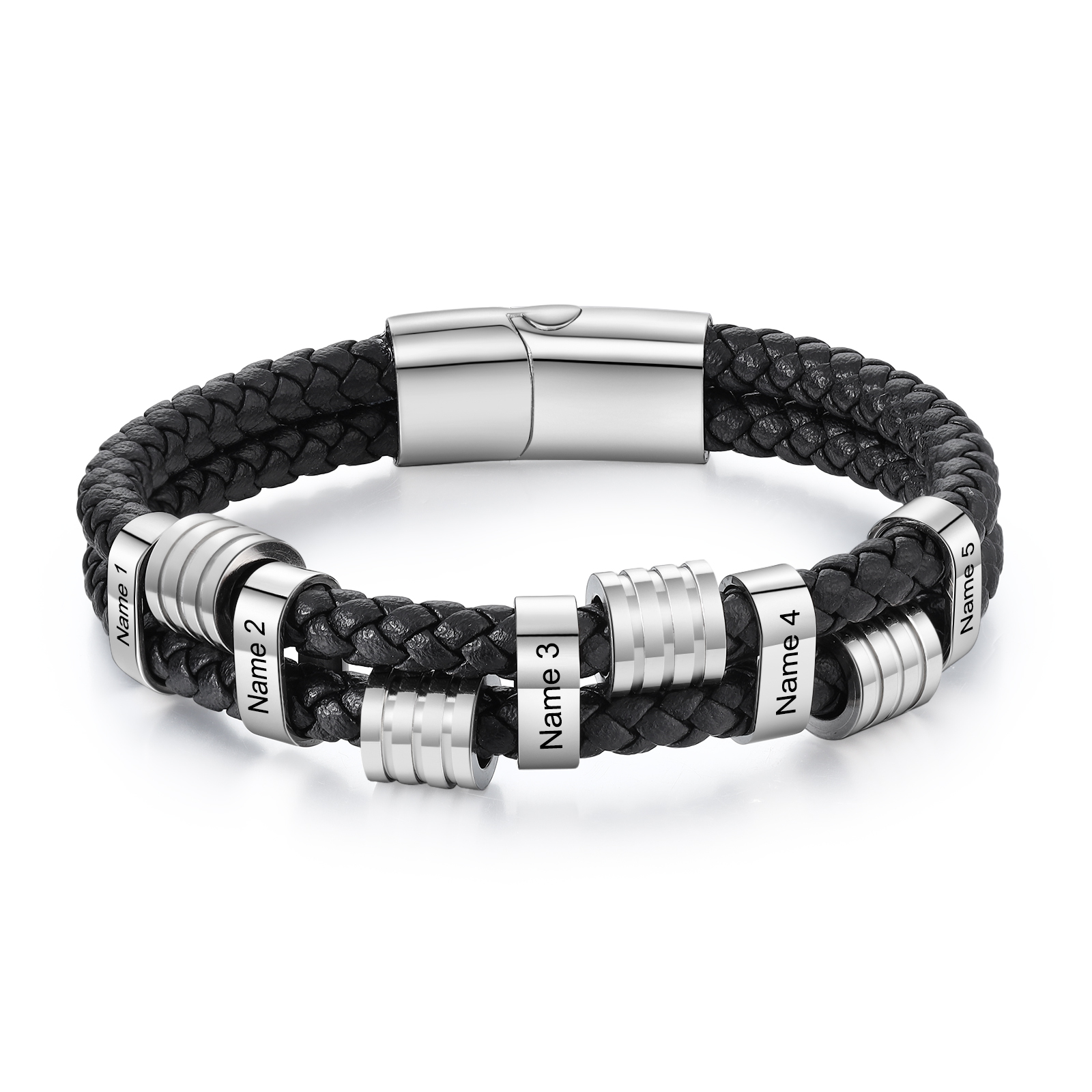 5 Names Personalised Braided Leather Bracelet for Men – Custom Engraved Name Beads & Stainless Steel Clasp | Jessemade