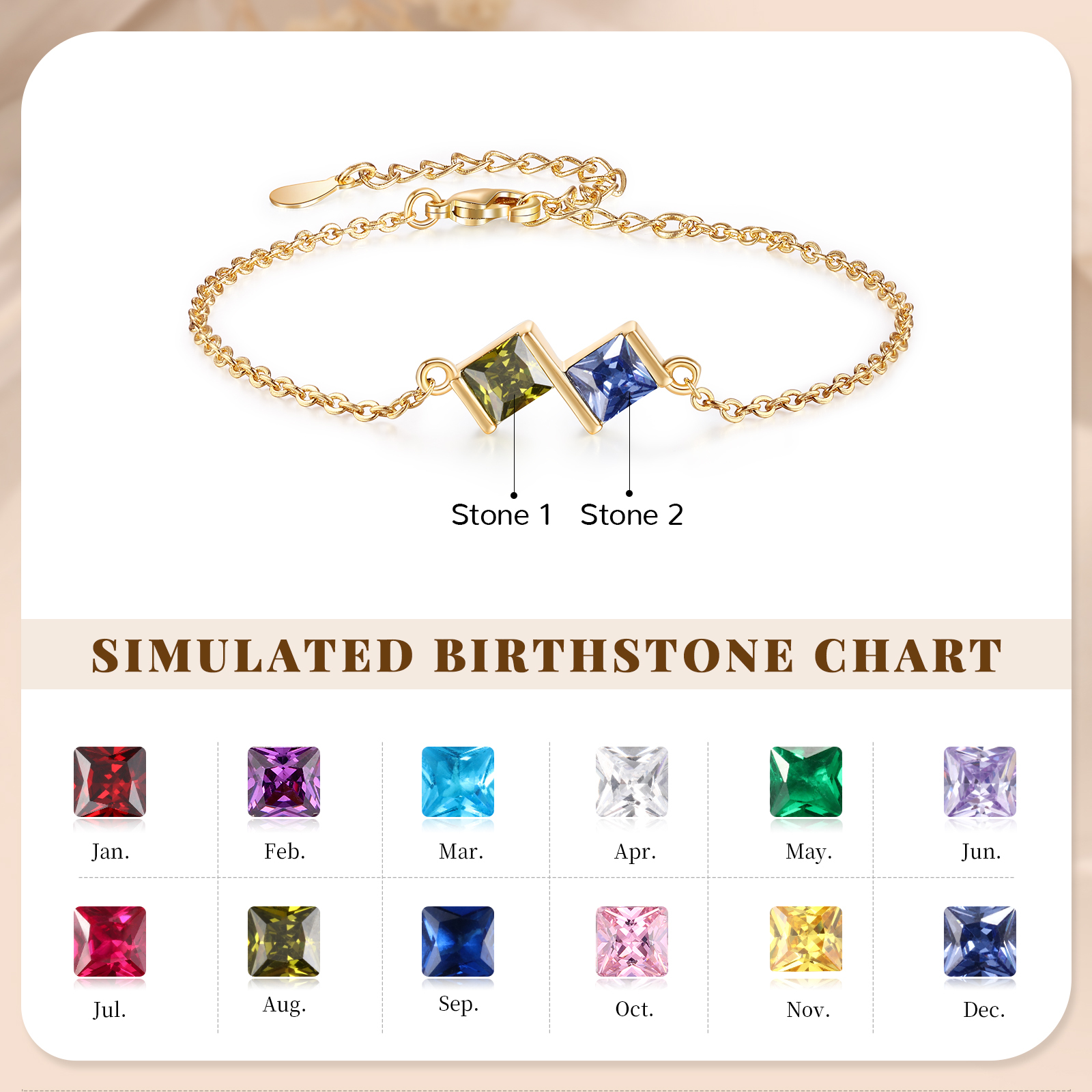 Personalised Bracelet with 2 Birthstones - Custom Gift for Her | Jessemade