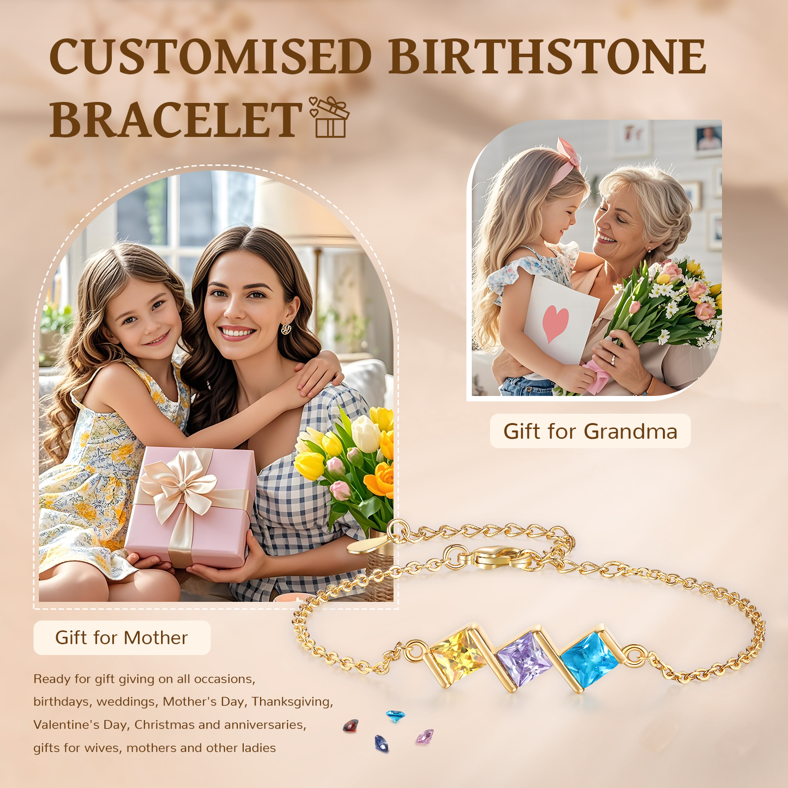Personalised Bracelet with 3 Birthstones - Custom Gift for Her | Jessemade
