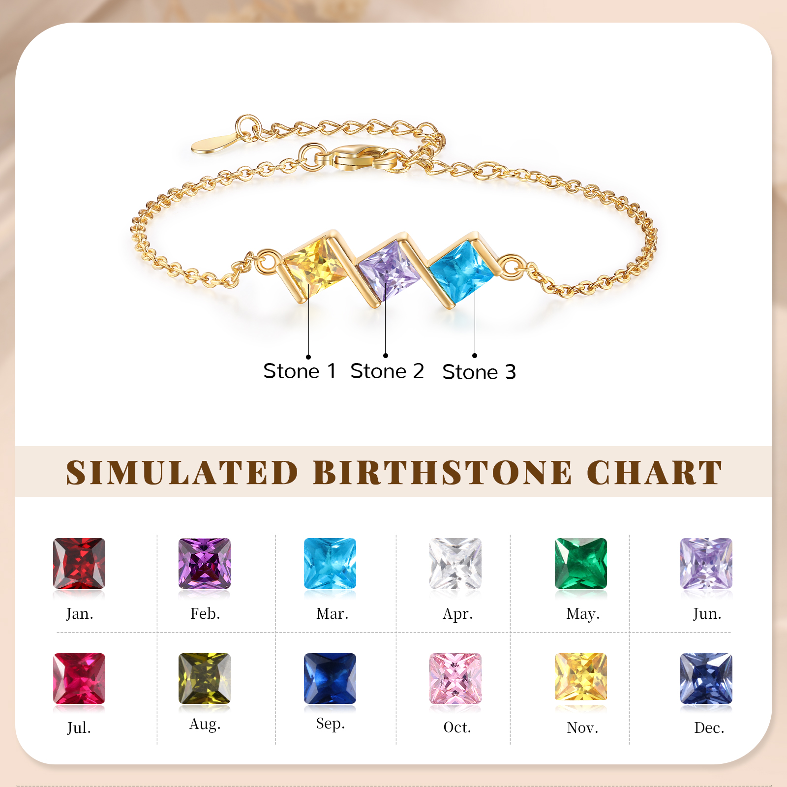 Personalised Bracelet with 3 Birthstones - Custom Gift for Her | Jessemade