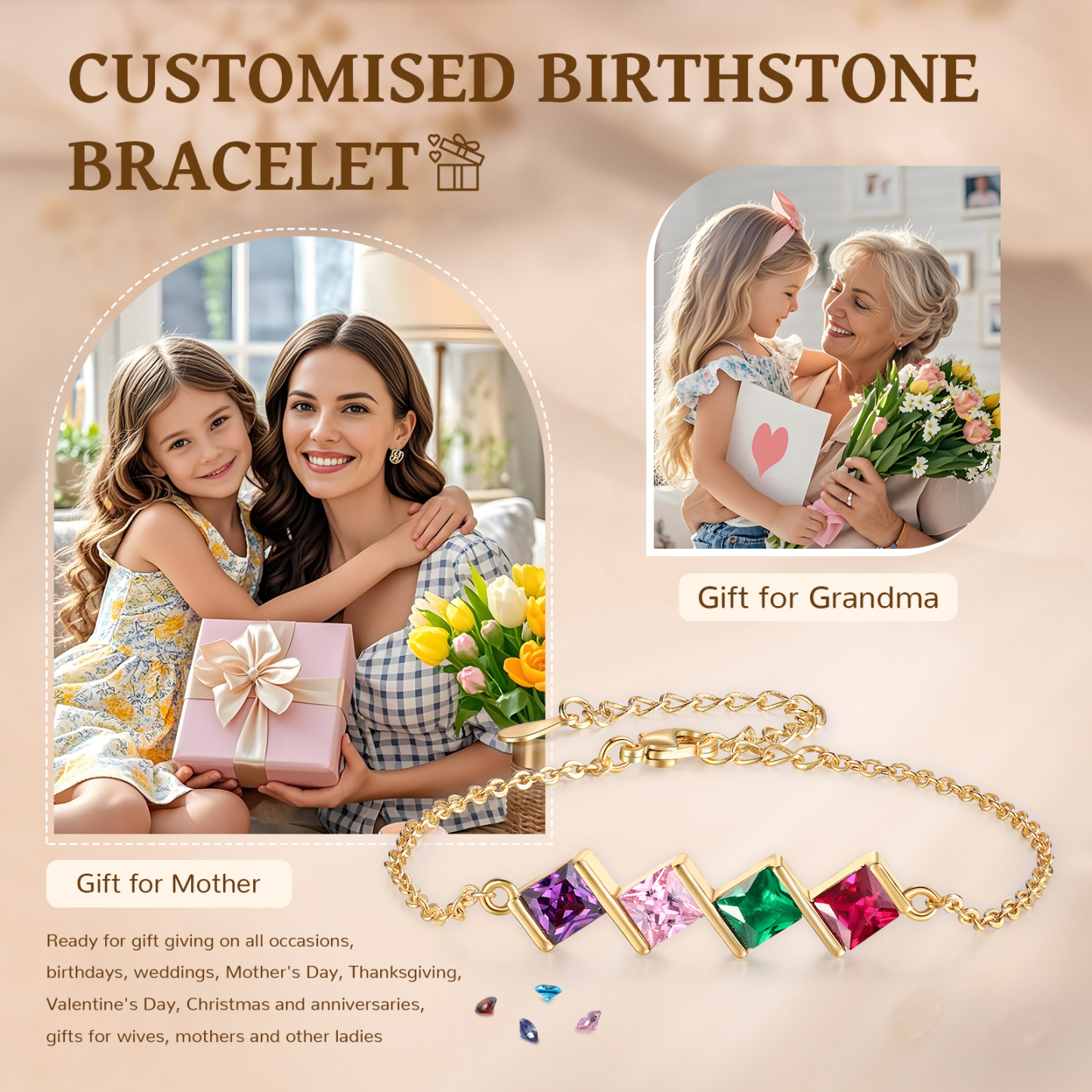 Personalised Bracelet with 4 Birthstones - Custom Gift for Her | Jessemade