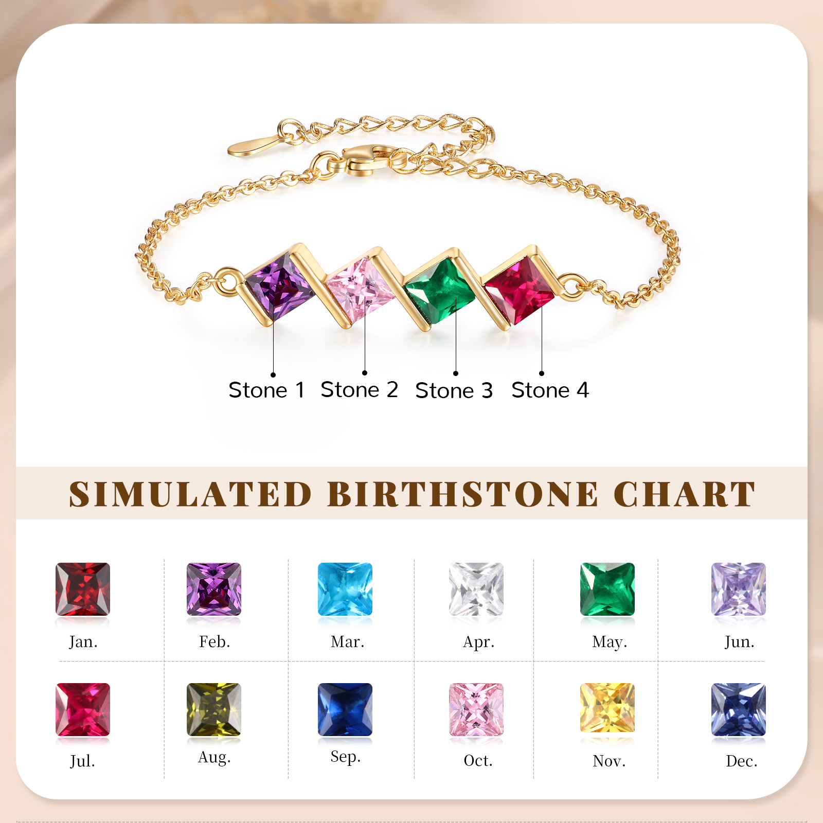 Personalised Bracelet with 4 Birthstones - Custom Gift for Her | Jessemade