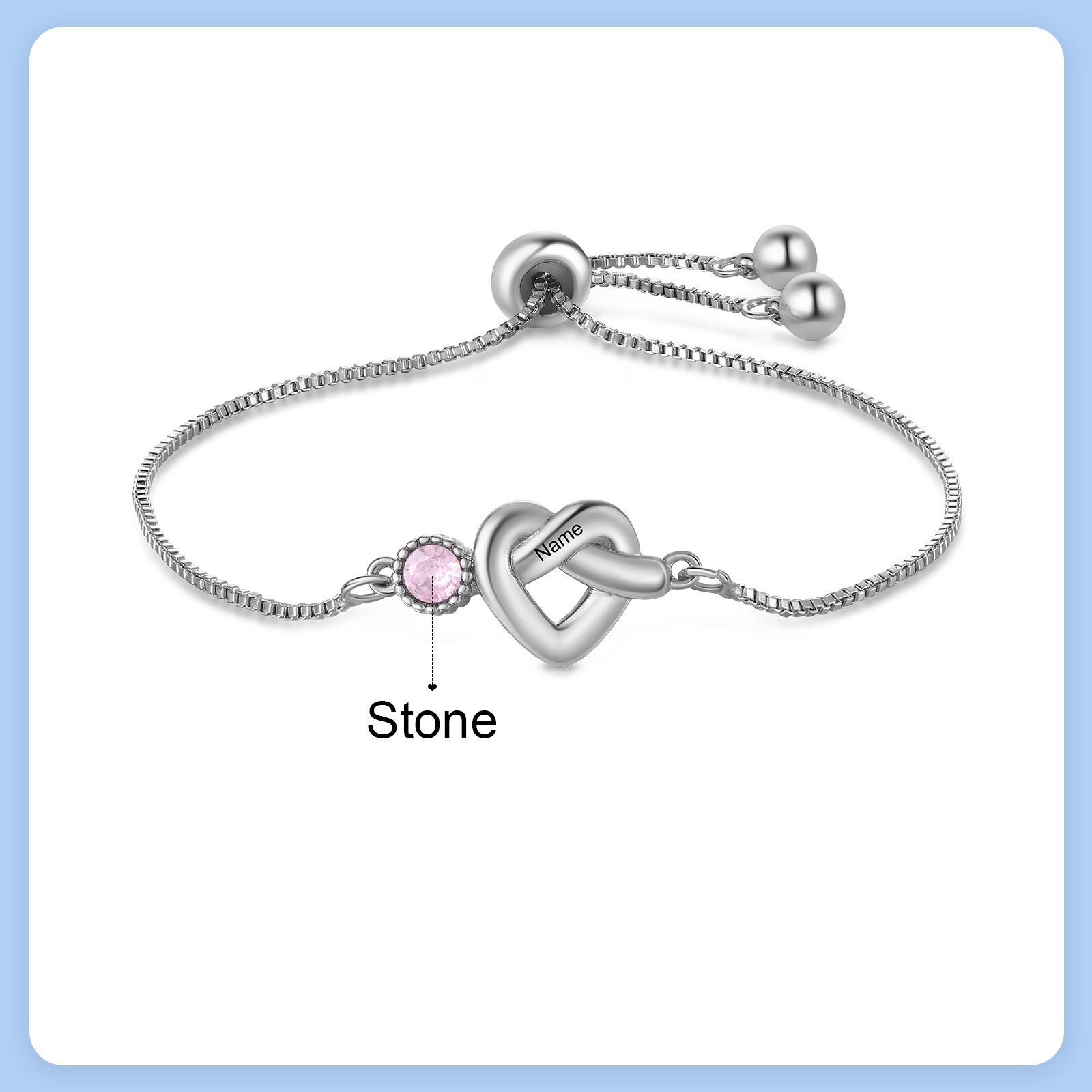 Personalised Birthstone Bracelet – Heart Knot Design, Custom 1 Name & 1 Birthstone Gift for Mother’s Day | Jessemade