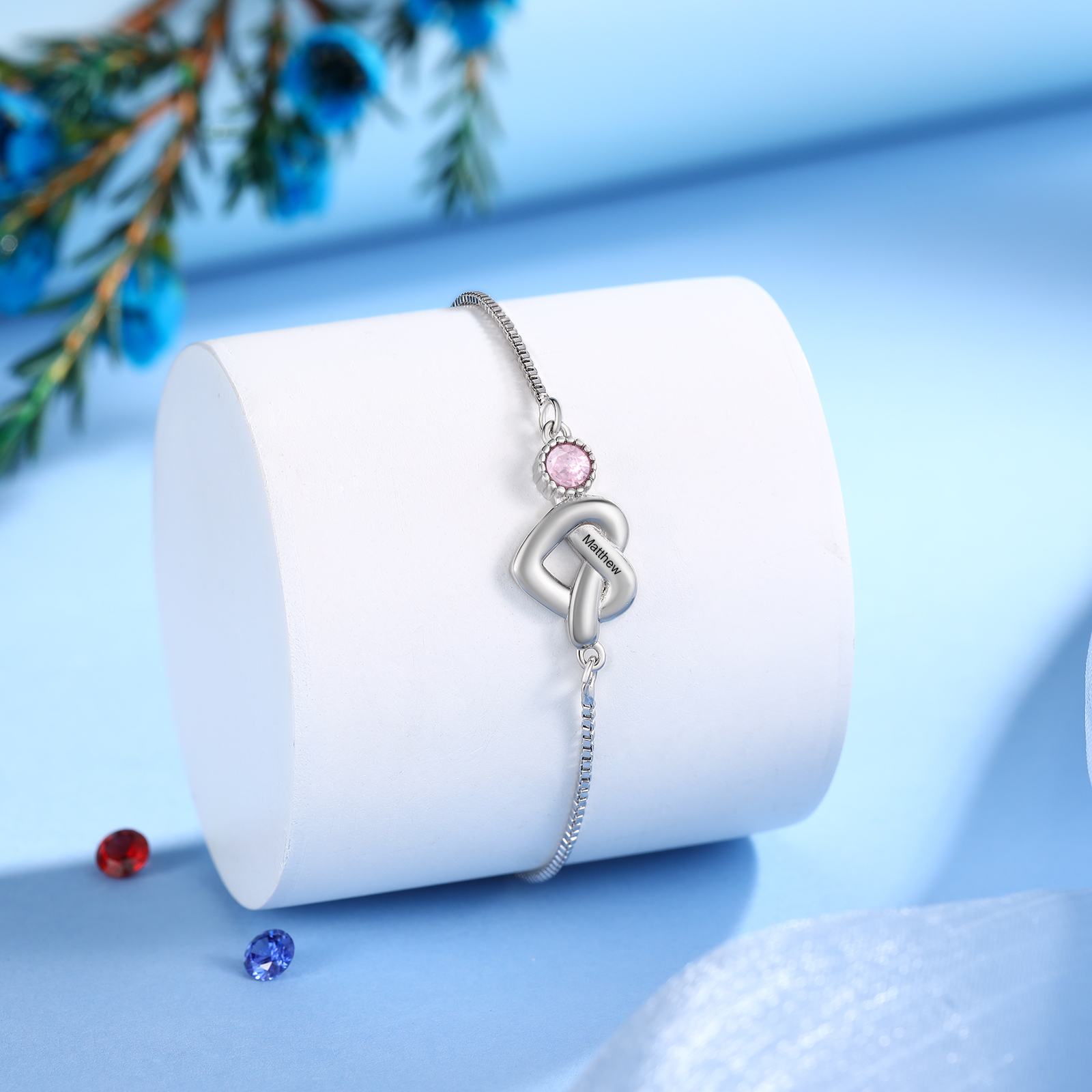 Personalised Birthstone Bracelet – Heart Knot Design, Custom 1 Name & 1 Birthstone Gift for Mother’s Day | Jessemade