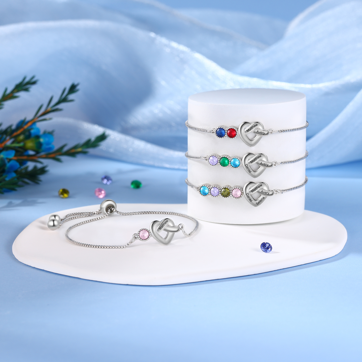 Personalised Birthstone Bracelet – Heart Knot Design, Custom 1 Name & 1 Birthstone Gift for Mother’s Day | Jessemade