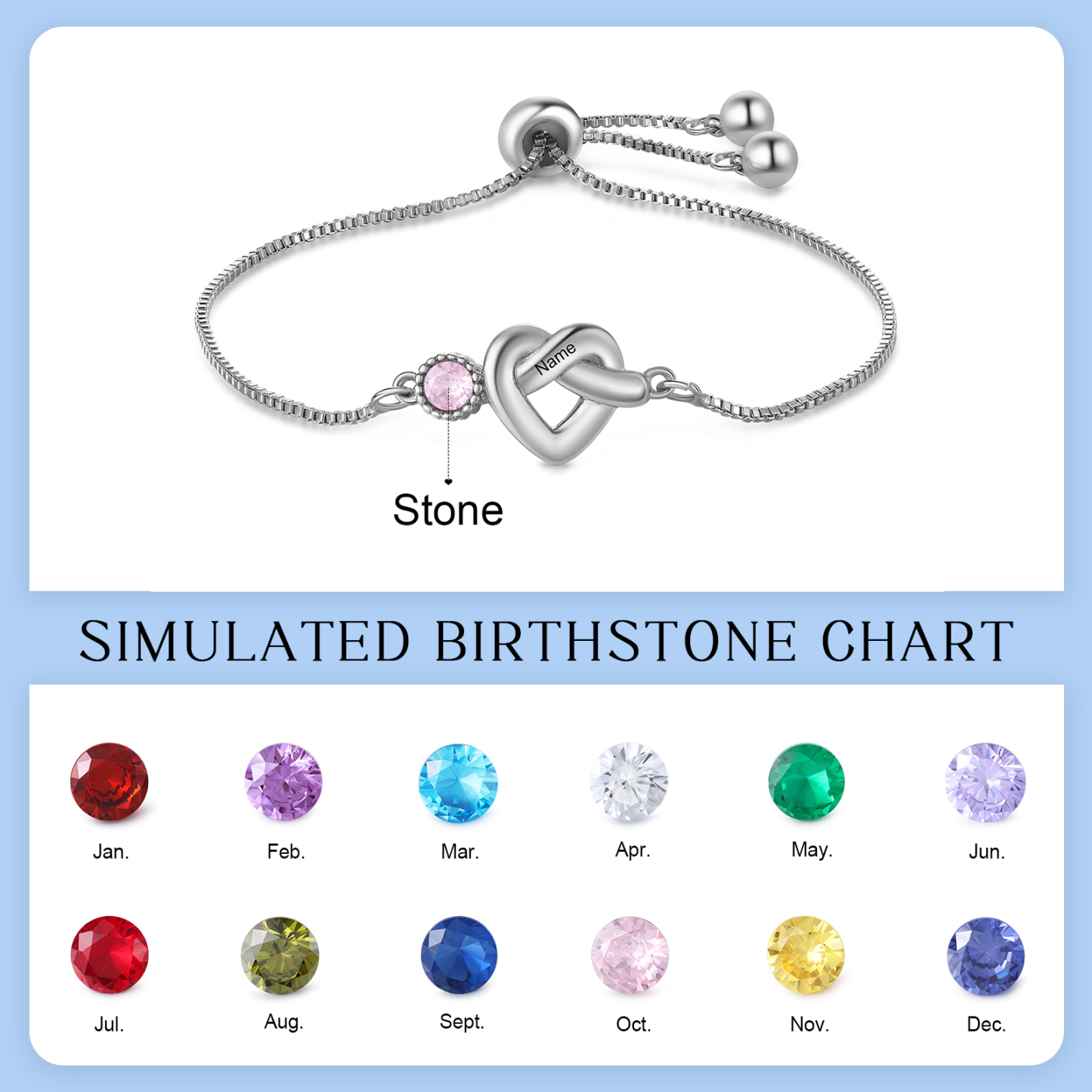 Personalised Birthstone Bracelet – Heart Knot Design, Custom 1 Name & 1 Birthstone Gift for Mother’s Day | Jessemade