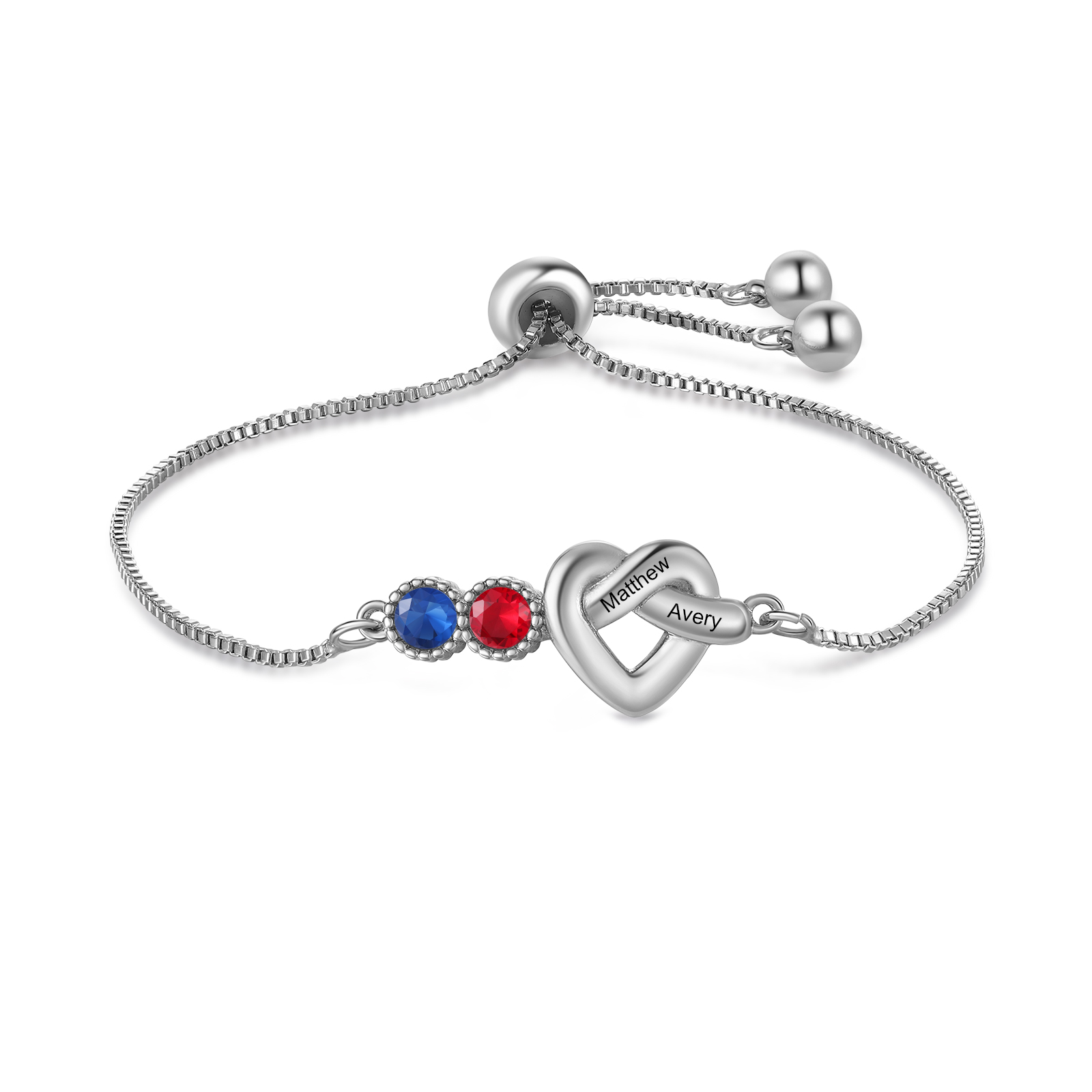 Personalised Birthstone Bracelet – Heart Knot Design, Custom 2 Names & 2 Birthstones Gift for Mother’s Day | Jessemade