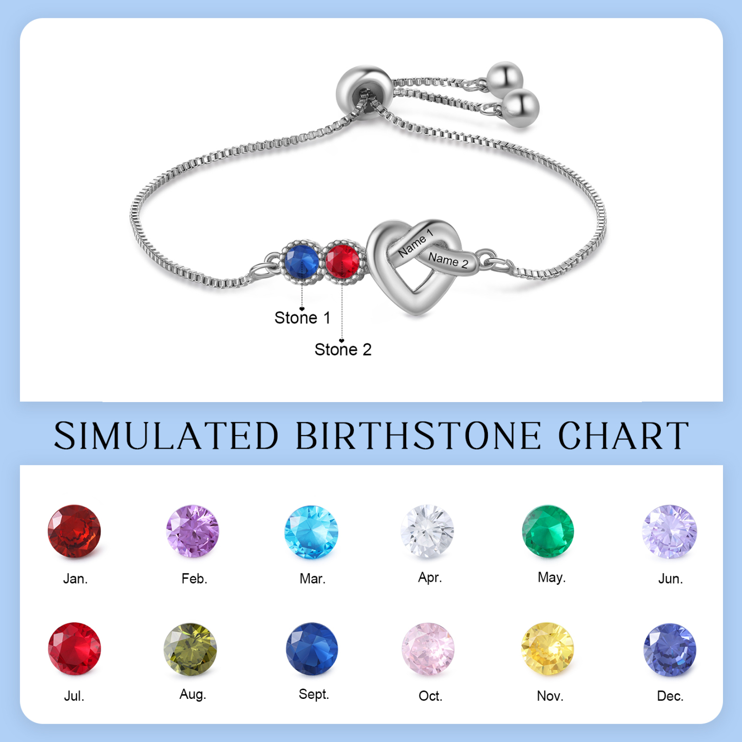 Personalised Birthstone Bracelet – Heart Knot Design, Custom 2 Names & 2 Birthstones Gift for Mother’s Day | Jessemade