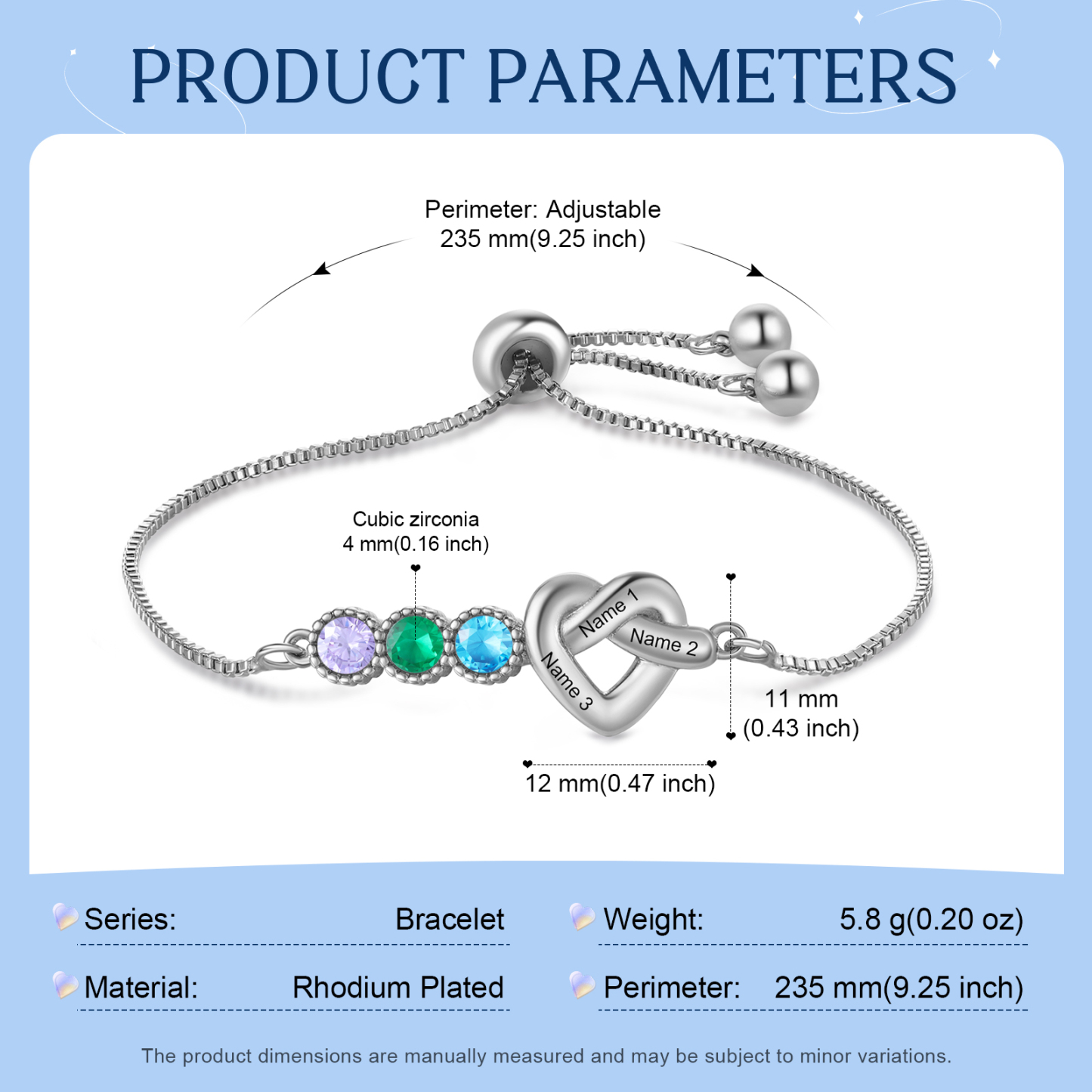 Personalised Birthstone Bracelet – Heart Knot Design, Custom 3 Names & 3 Birthstones Gift for Mother’s Day | Jessemade