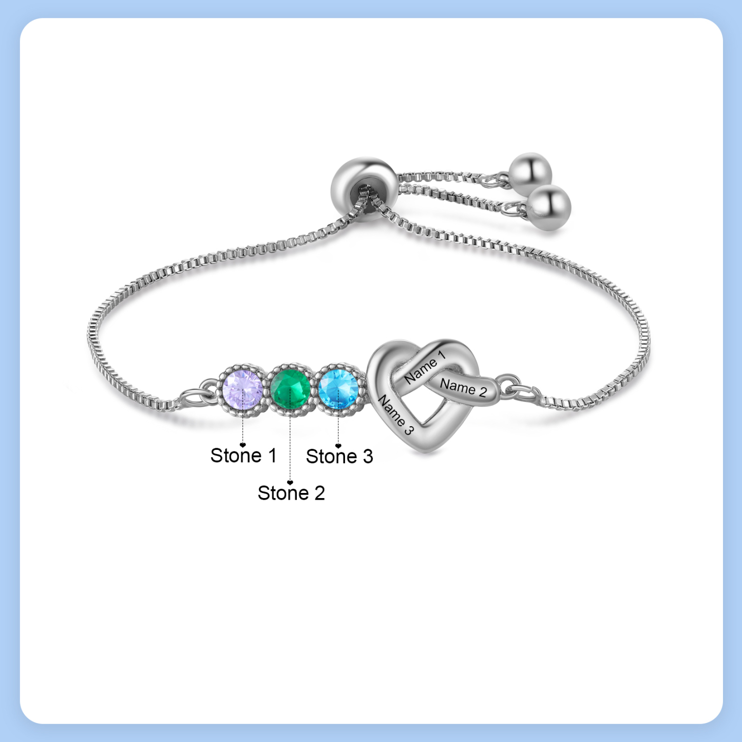 Personalised Birthstone Bracelet – Heart Knot Design, Custom 3 Names & 3 Birthstones Gift for Mother’s Day | Jessemade