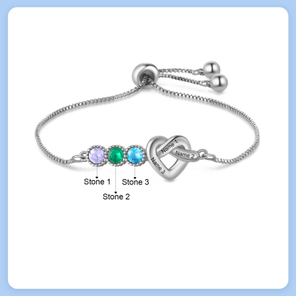 Personalised Birthstone Bracelet – Heart Knot Design, Custom 3 Names & 3 Birthstones Gift for Mother’s Day | Jessemade