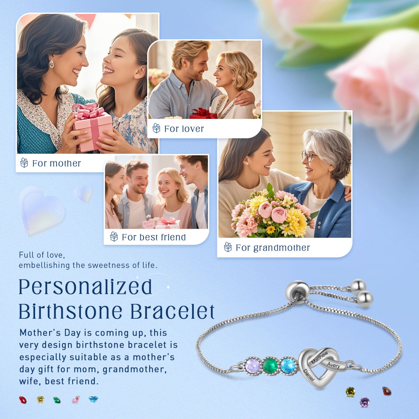 Personalised Birthstone Bracelet – Heart Knot Design, Custom 3 Names & 3 Birthstones Gift for Mother’s Day | Jessemade