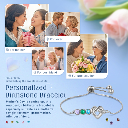 Personalised Birthstone Bracelet – Heart Knot Design, Custom 3 Names & 3 Birthstones Gift for Mother’s Day | Jessemade