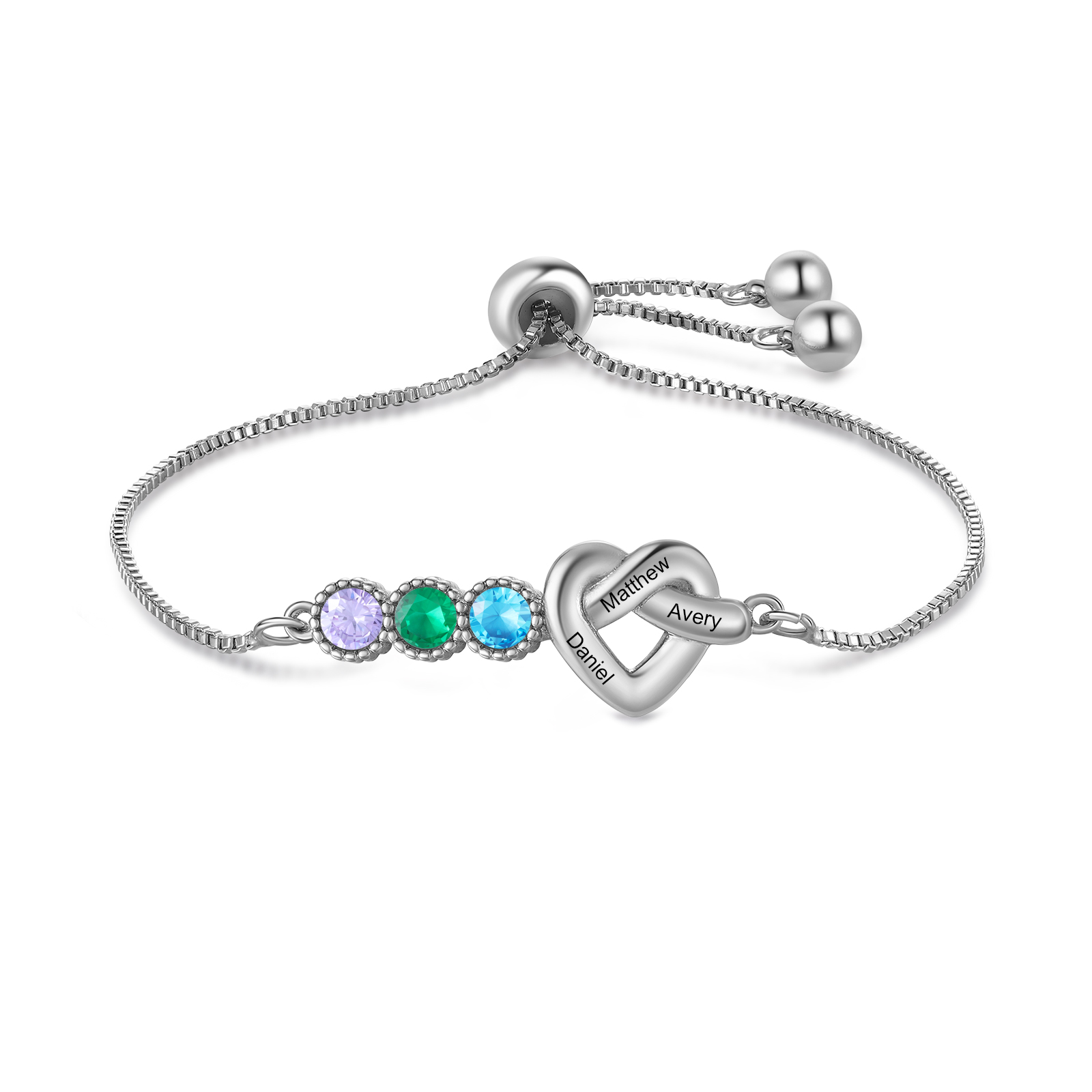 Personalised Birthstone Bracelet – Heart Knot Design, Custom 3 Names & 3 Birthstones Gift for Mother’s Day | Jessemade