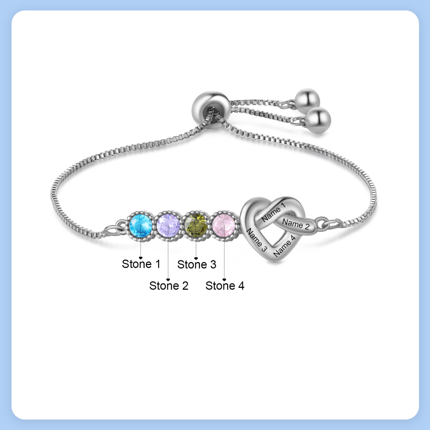 Personalised Birthstone Bracelet – Heart Knot Design, Custom 4 Names & 4 Birthstones Gift for Mother’s Day | Jessemade