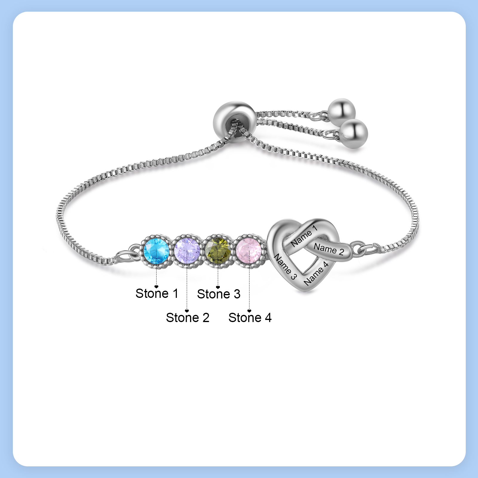 Personalised Birthstone Bracelet – Heart Knot Design, Custom 4 Names & 4 Birthstones Gift for Mother’s Day | Jessemade