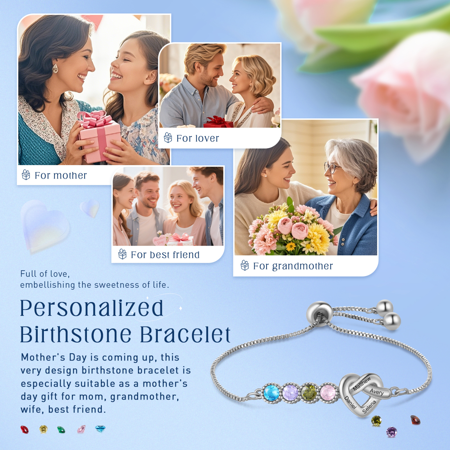 Personalised Birthstone Bracelet – Heart Knot Design, Custom 4 Names & 4 Birthstones Gift for Mother’s Day | Jessemade