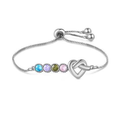 Personalised Birthstone Bracelet – Heart Knot Design, Custom 4 Names & 4 Birthstones Gift for Mother’s Day | Jessemade