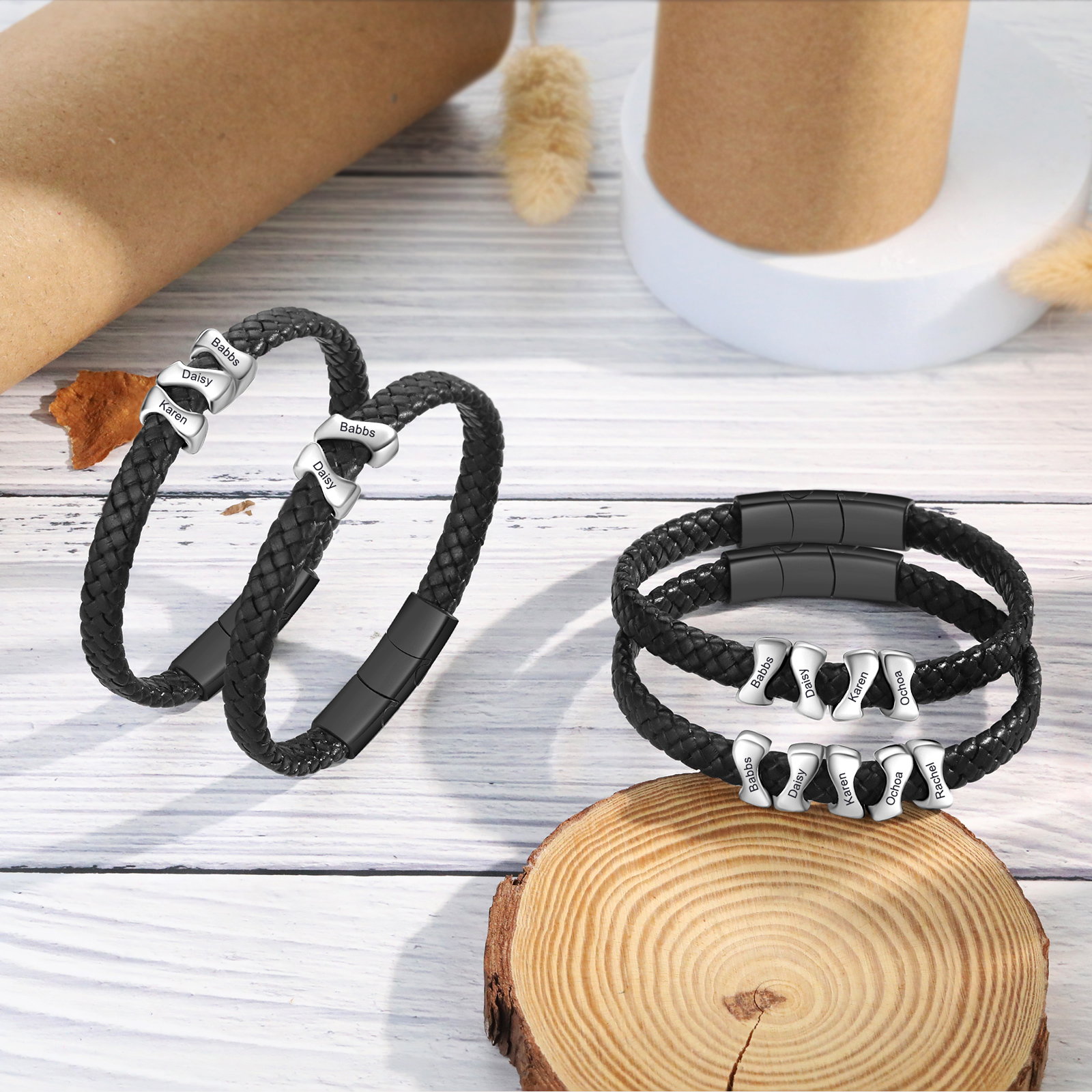 Personalised Leather Bracelet with 5 Custom Names - Custom Gift for Him | Jessemade