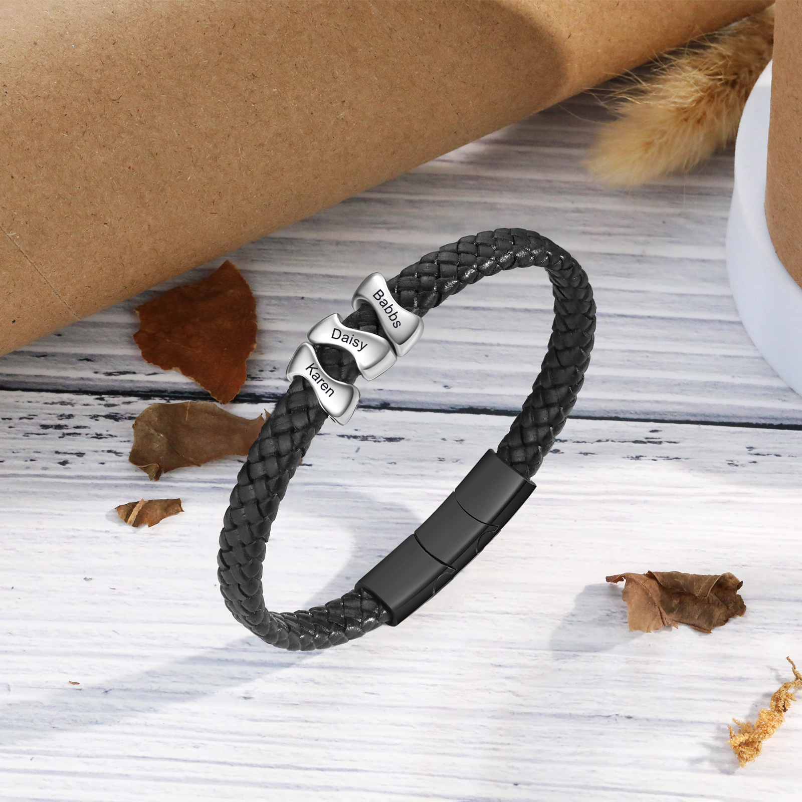 Personalised Leather Bracelet with 3 Custom Names - Custom Gift for Him | Jessemade