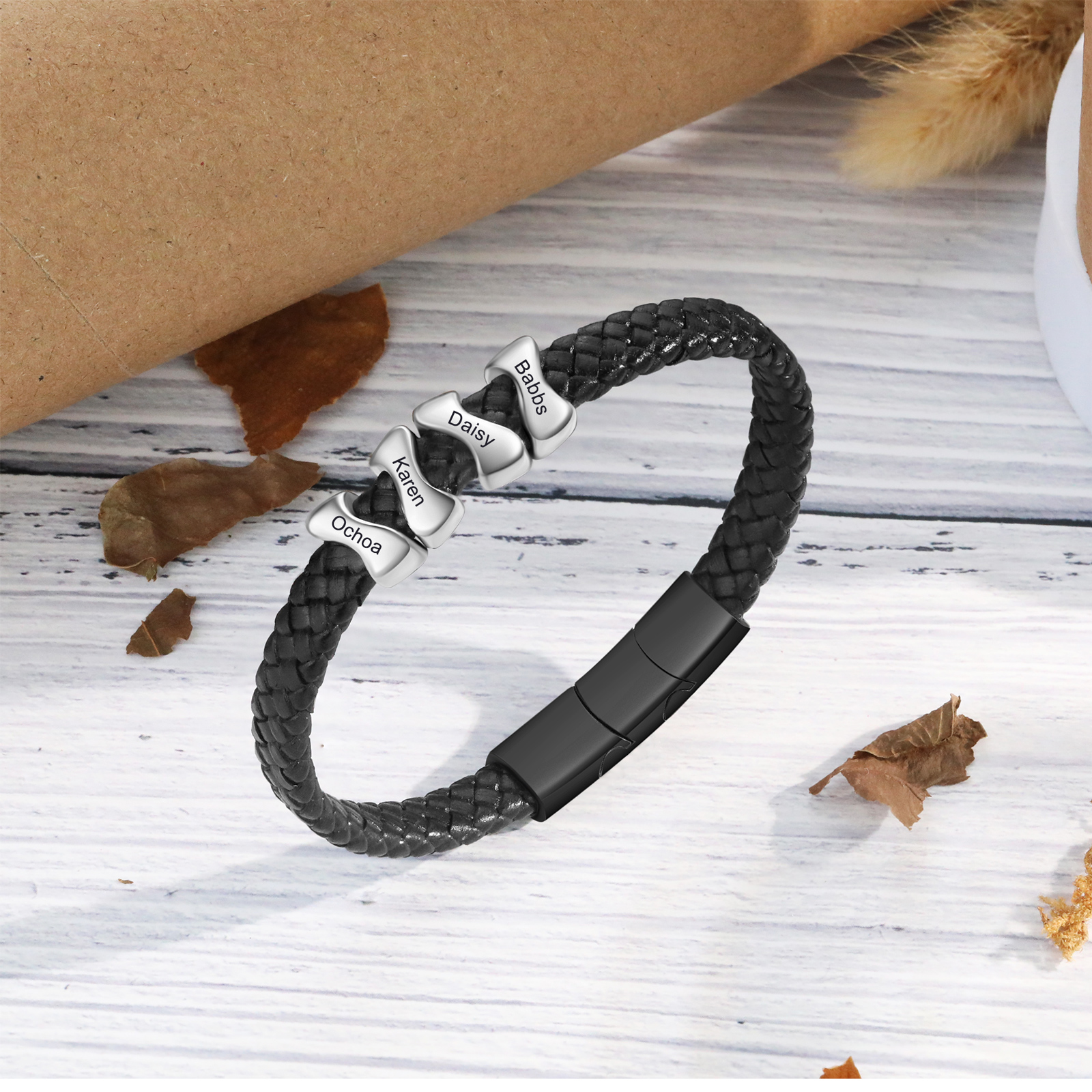 Personalised Leather Bracelet with 4 Custom Names - Custom Gift for Him | Jessemade