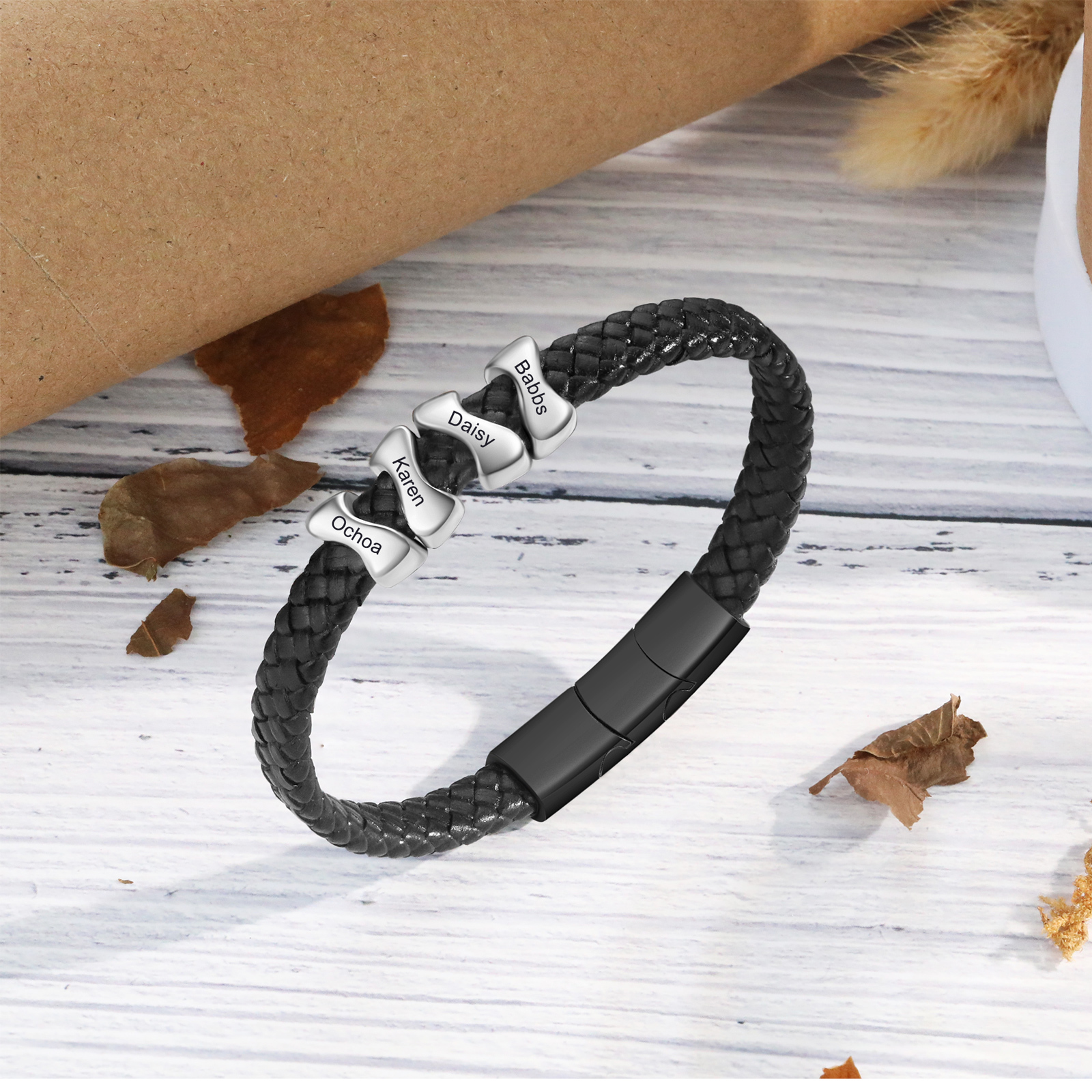 Personalised Leather Bracelet with 4 Custom Names - Custom Gift for Him | Jessemade