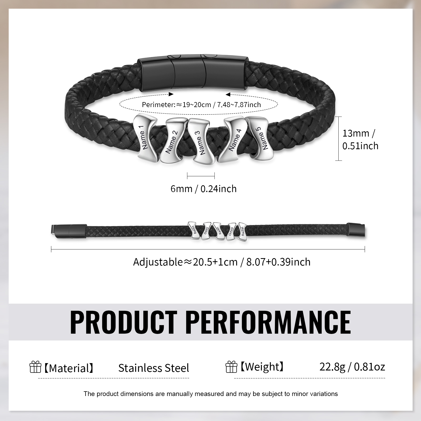 Personalised Leather Bracelet with 5 Custom Names - Custom Gift for Him | Jessemade