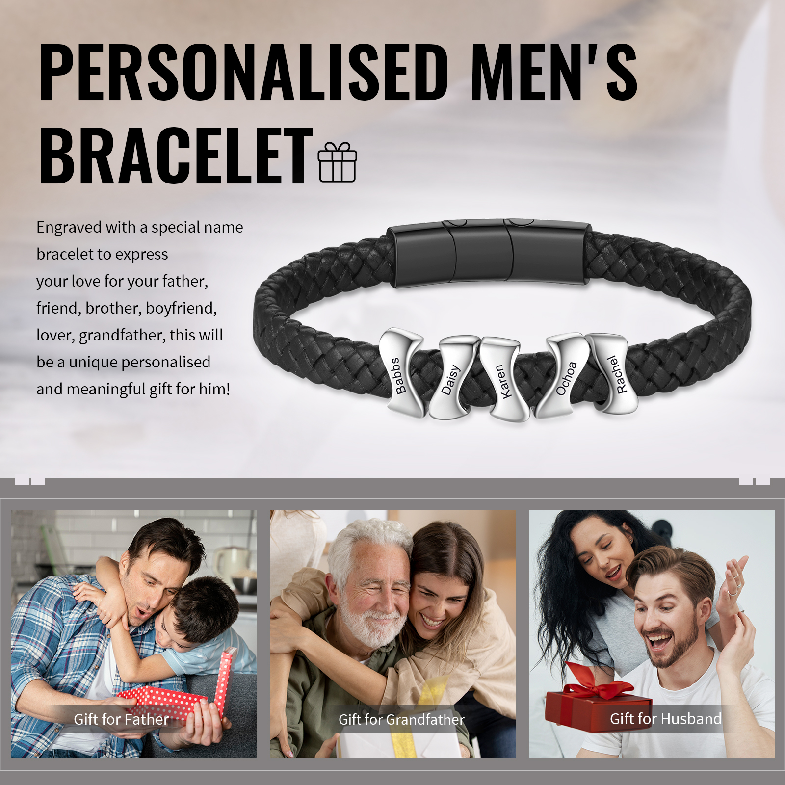 Personalised Leather Bracelet with 5 Custom Names - Custom Gift for Him | Jessemade