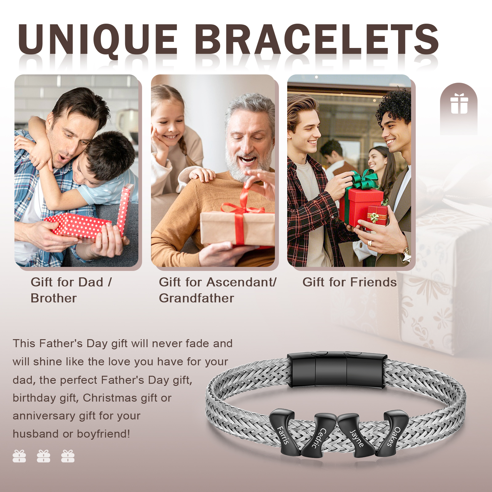 Personalised Men's Bracelet with 4 Engraved Names - Custom Gift for Him | Jessemade