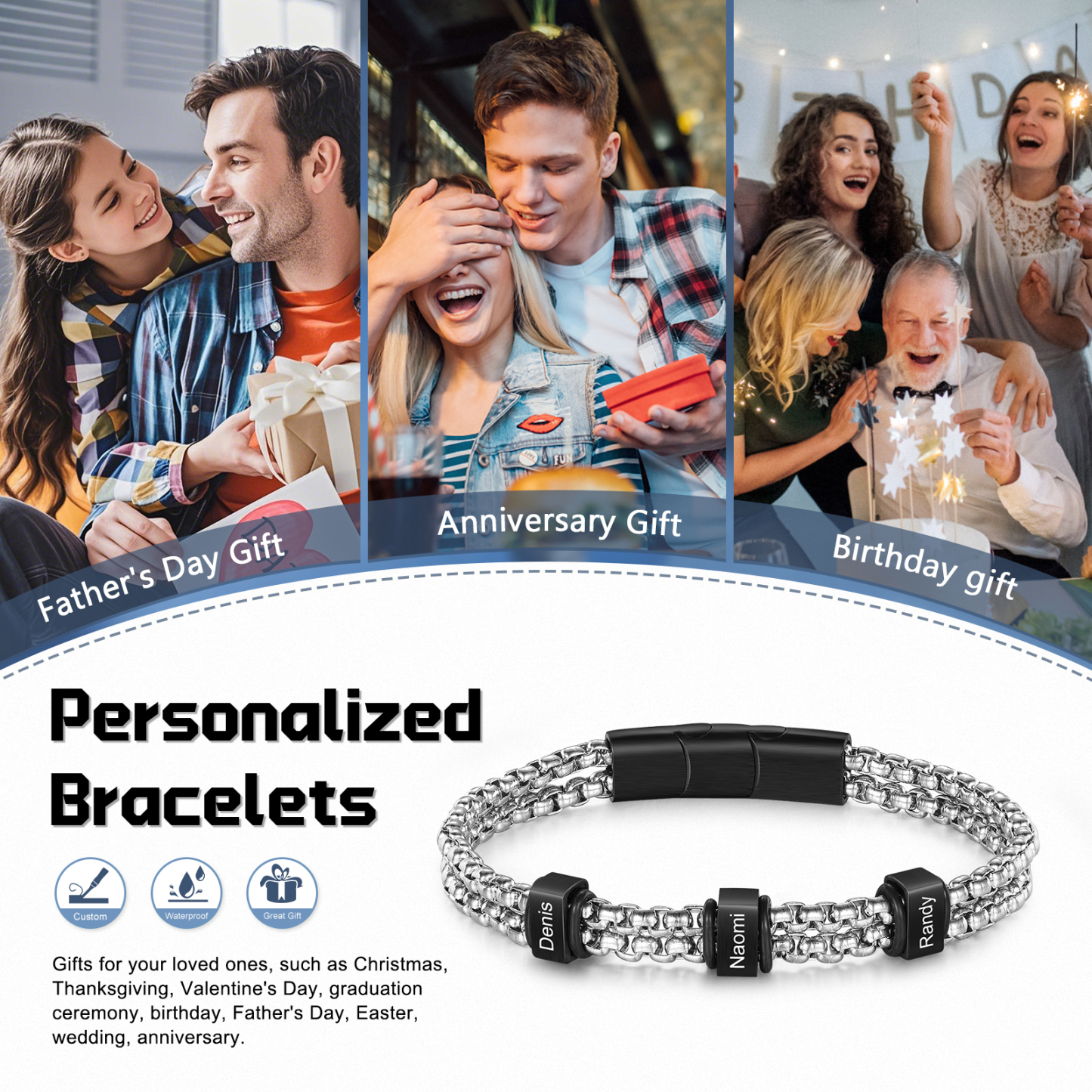 Personalised Men Stainless Steel Bracelet with 3 Names - Custom Gift for Him | Jessemade