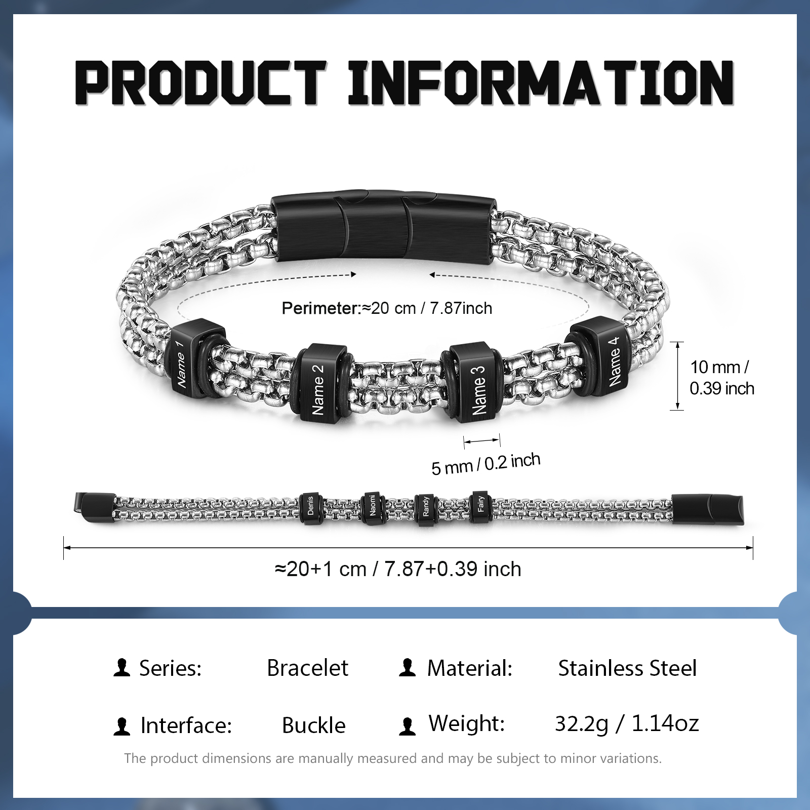 Personalised Men Stainless Steel Bracelet with 4 Names - Custom Gift for Him | Jessemade